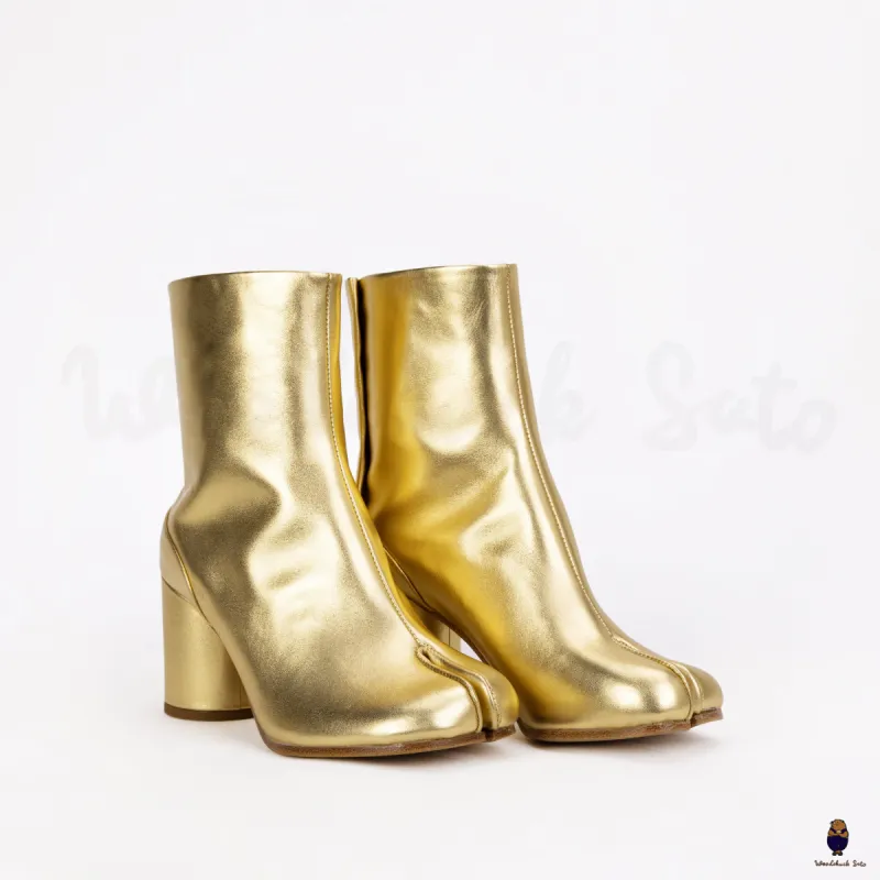WoodchuckSato Gold Cow Leather Tabi Ankle Boots with 8 cm Heel sold by WoodChuckSato