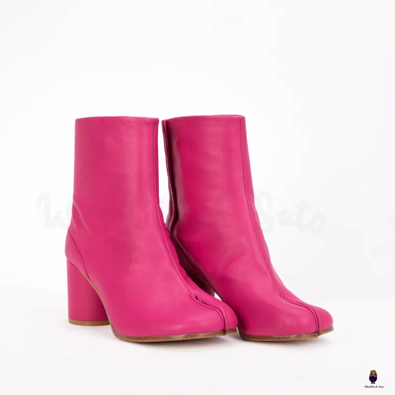 WoodchuckSato Pink Cow Leather Tabi Ankle Boots with 8 cm Heel sold by WoodChuckSato
