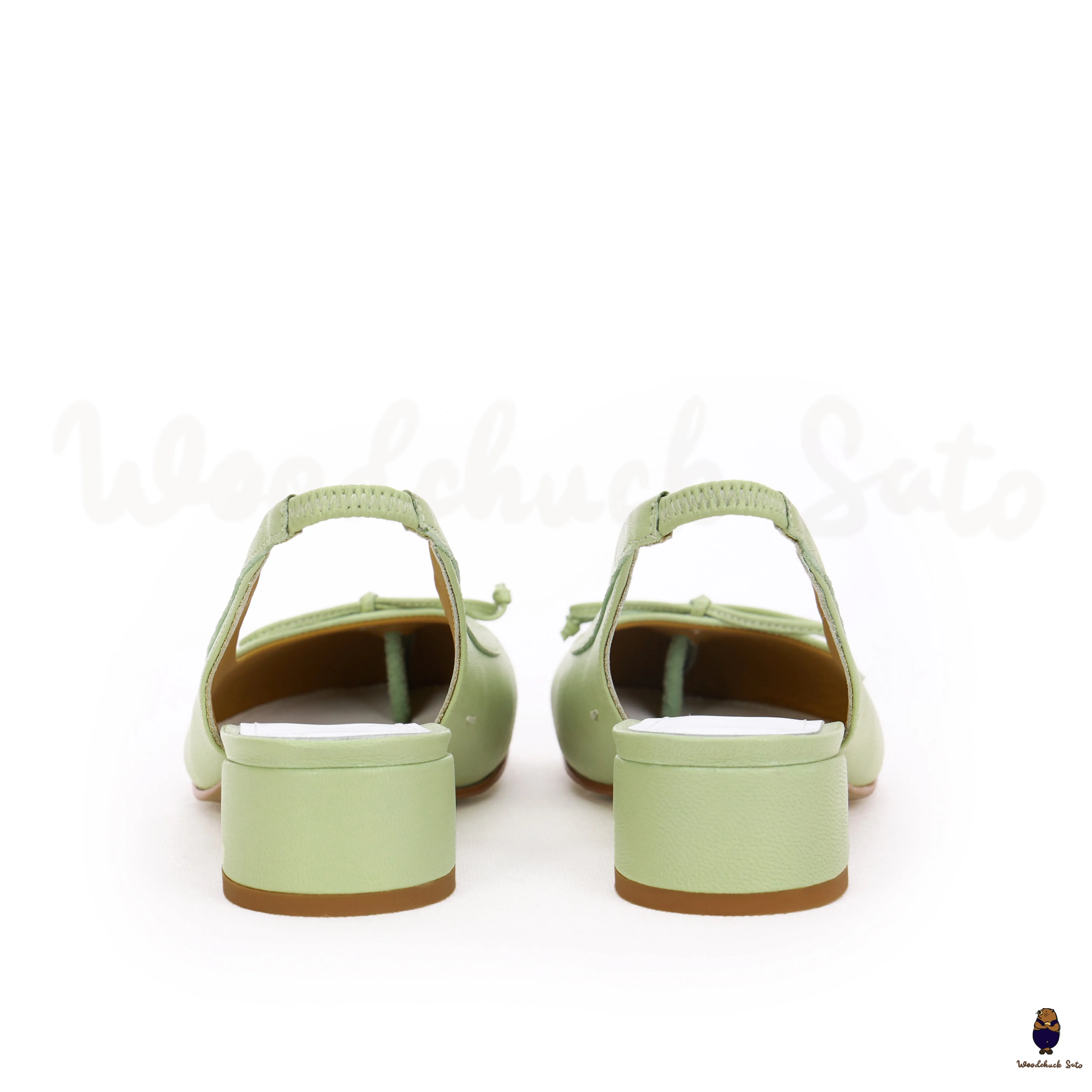 WoodchuckSato Green Sheep Leather Slingback Tabi Bow Pumps with Elastic Band sold by WoodChuckSato product image thumbnail 2