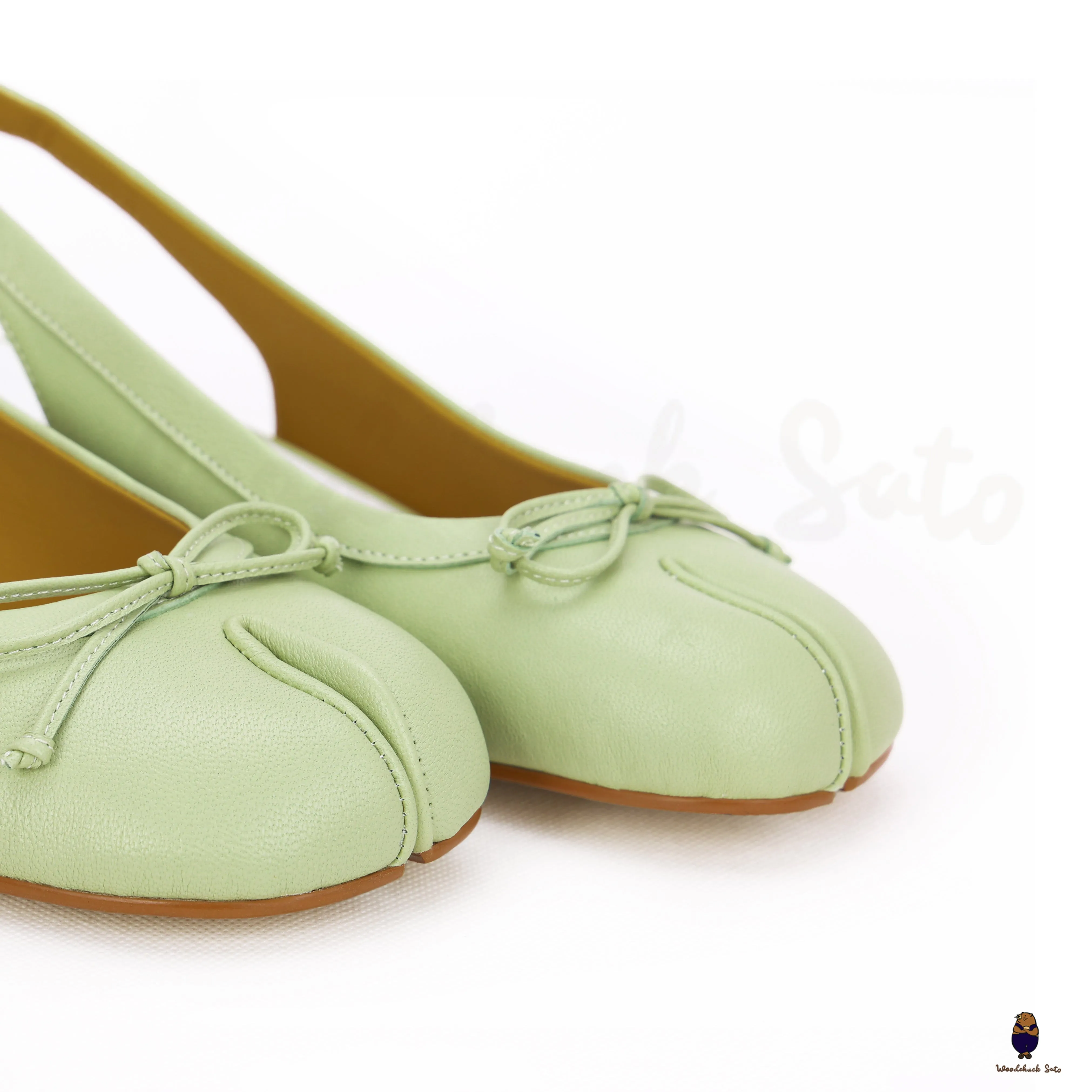 WoodchuckSato Green Sheep Leather Slingback Tabi Bow Pumps with Elastic Band sold by WoodChuckSato product image thumbnail 3