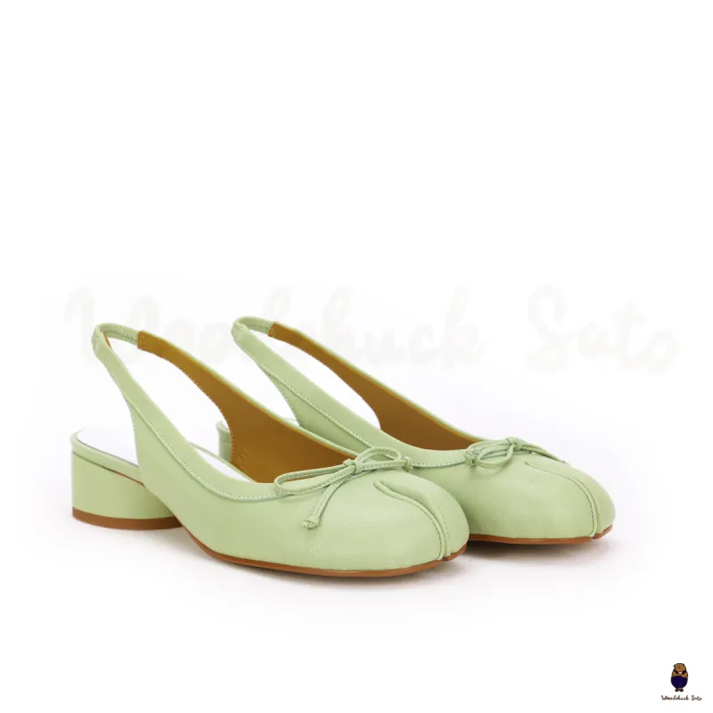 WoodchuckSato Green Sheep Leather Slingback Tabi Bow Pumps with Elastic Band sold by WoodChuckSato