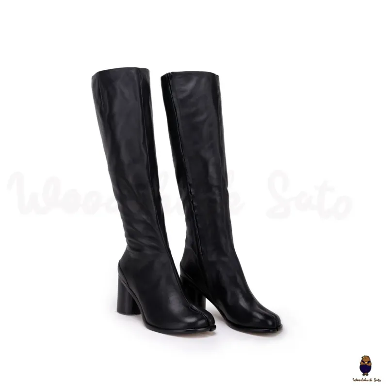WoodchuckSato Black Cow Leather Tabi Knee-High Boots with 8 cm Heel made by WoodChuckSato