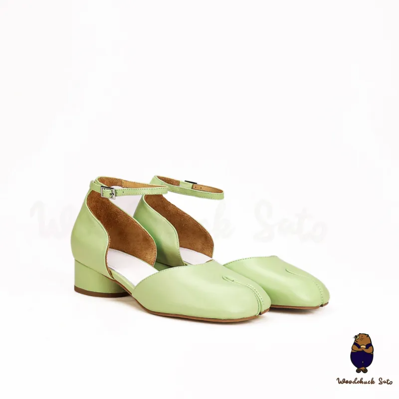 WoodChuckSato Light Green Tabi Split-Toe Cow Leather Summer Sandals with Low Heels & Ankle Strap Buckle Sizes EU 35-45 sold by WoodChuckSato