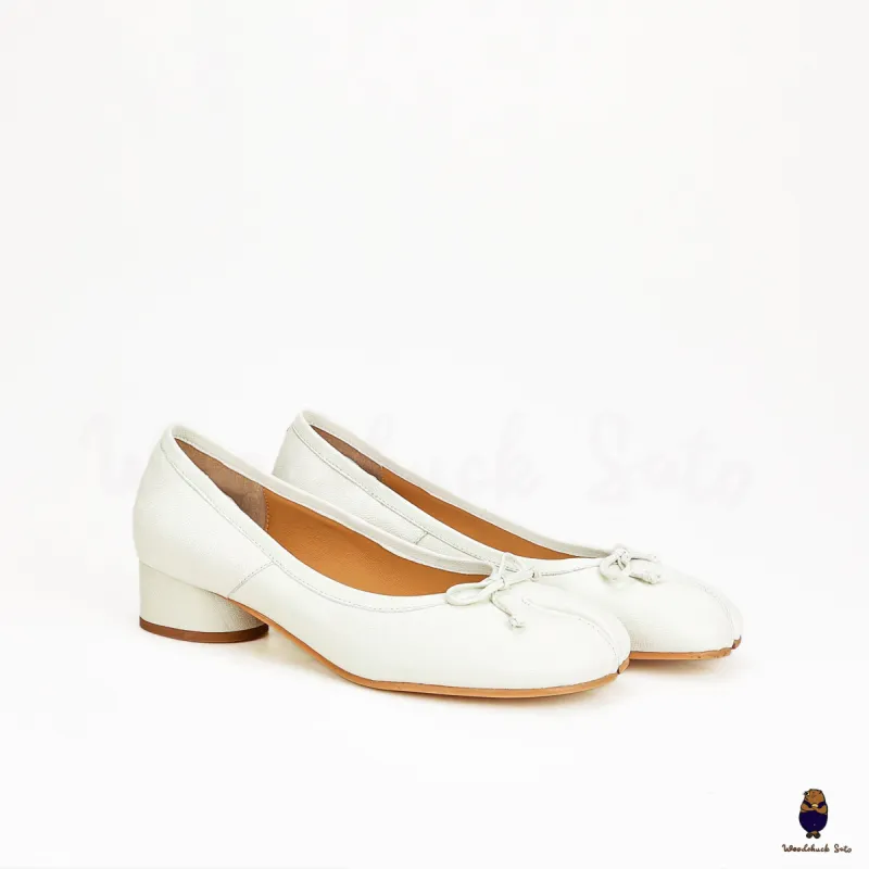 WoodchuckSato White Sheep Leather Tabi Low Block Heel Pumps with Bow sold by WoodChuckSato