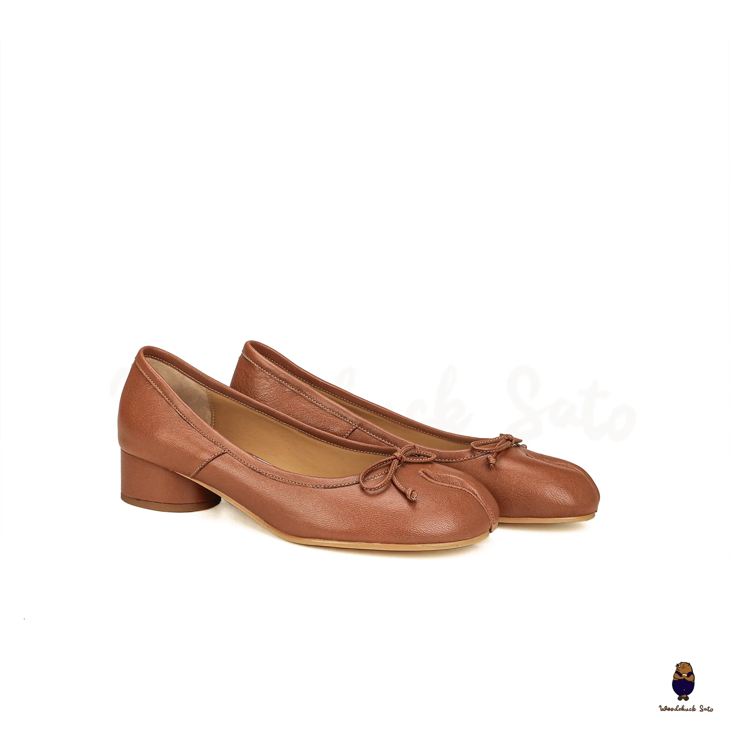 WoodchuckSato Brown Sheep Leather Tabi 3 cm Heel Pumps with Bow sold by WoodChuckSato