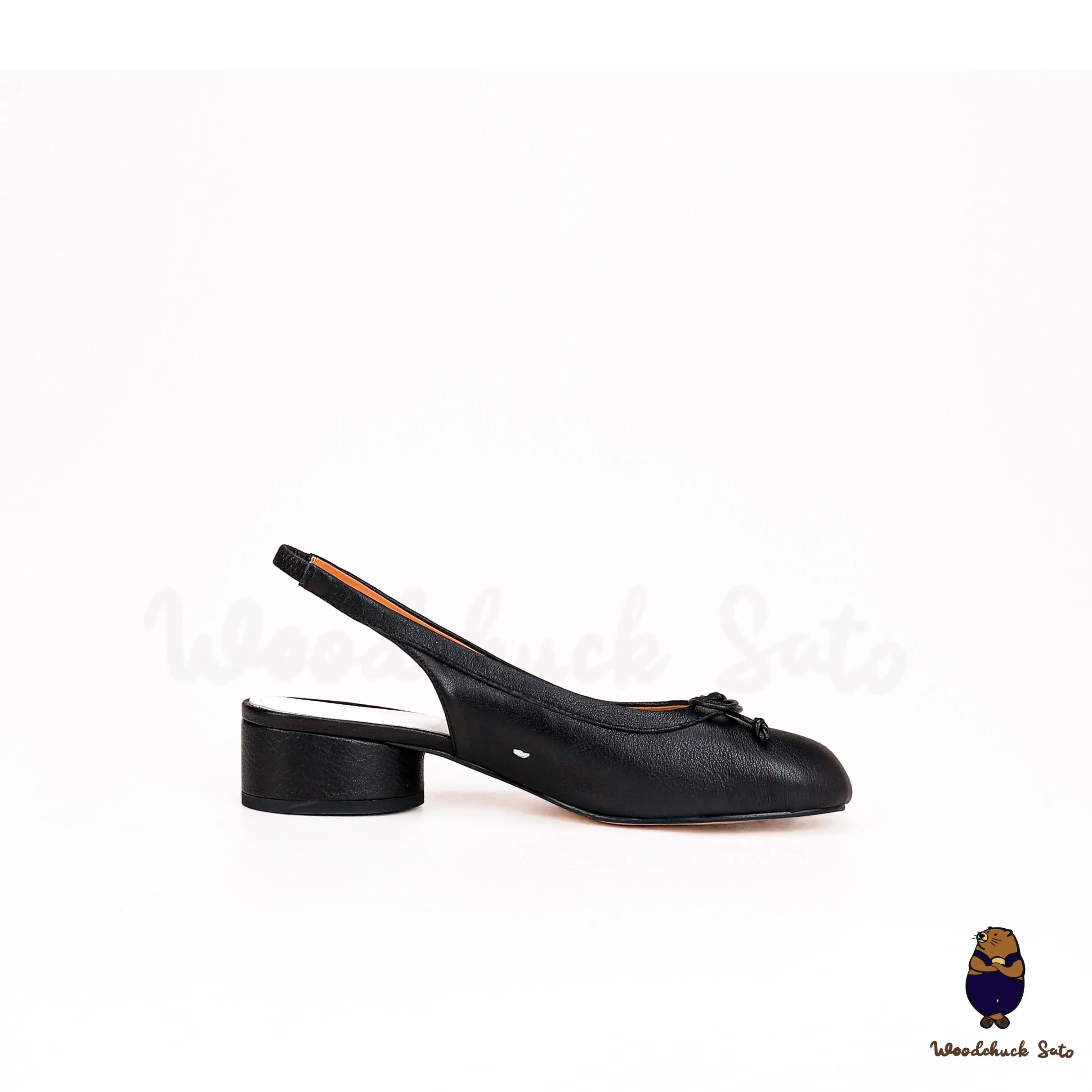 WoodchuckSato Black Cow Leather Slingback Tabi Bow Pumps with Elastic Band sold by WoodChuckSato product image thumbnail 4
