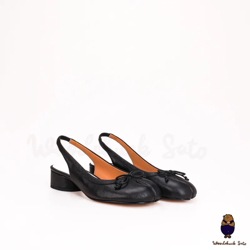 WoodchuckSato Black Leather Tabi Slingback Low Block Heels sold by WoodChuckSato