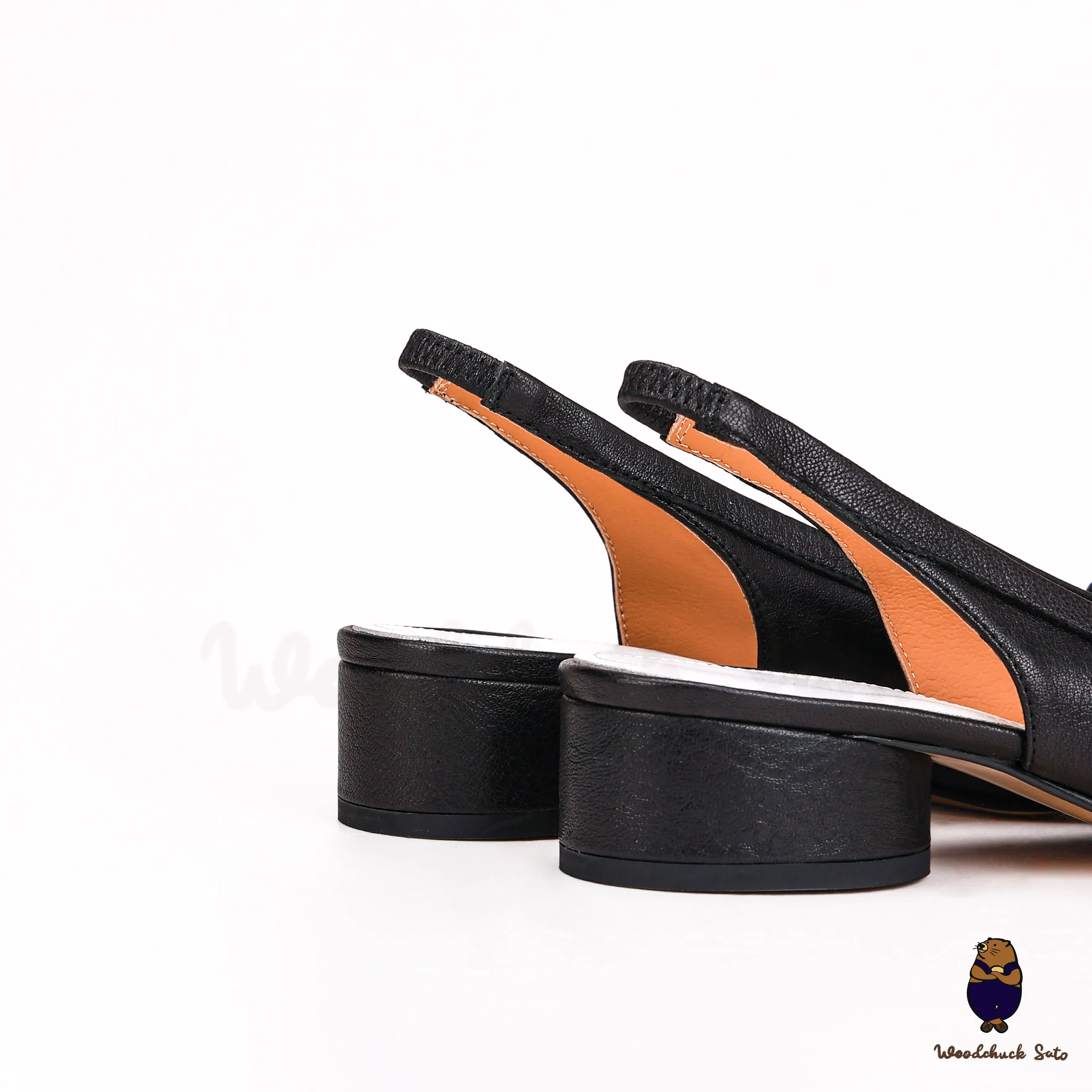 WoodchuckSato Black Cow Leather Slingback Tabi Bow Pumps with Elastic Band sold by WoodChuckSato product image thumbnail 3