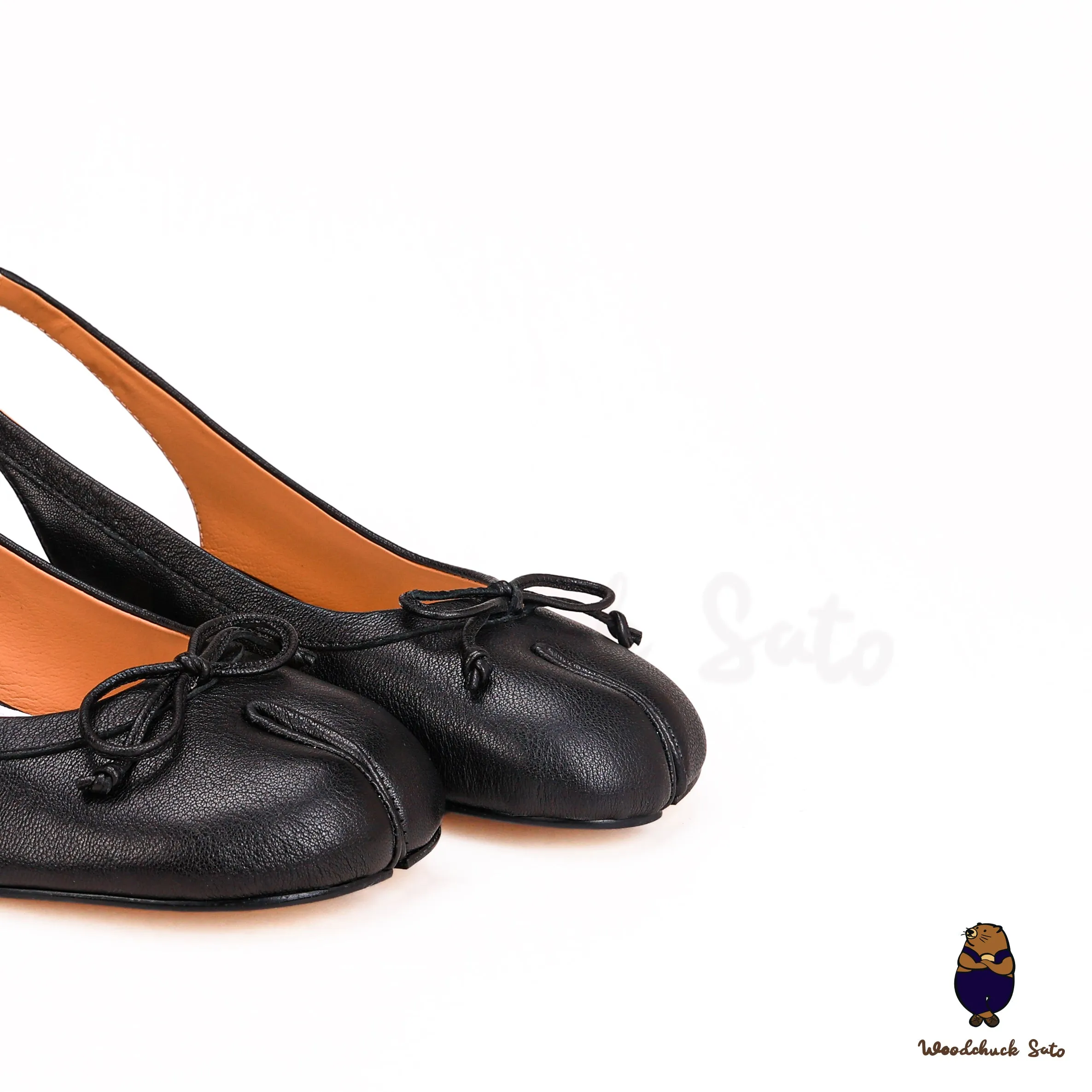 WoodchuckSato Black Cow Leather Slingback Tabi Bow Pumps with Elastic Band sold by WoodChuckSato product image thumbnail 2