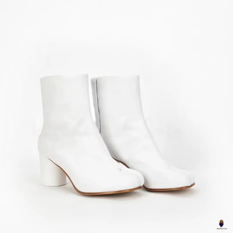 WoodchuckSato White Cow Leather Tabi Ankle Boots with 8 cm Heel sold by WoodChuckSato