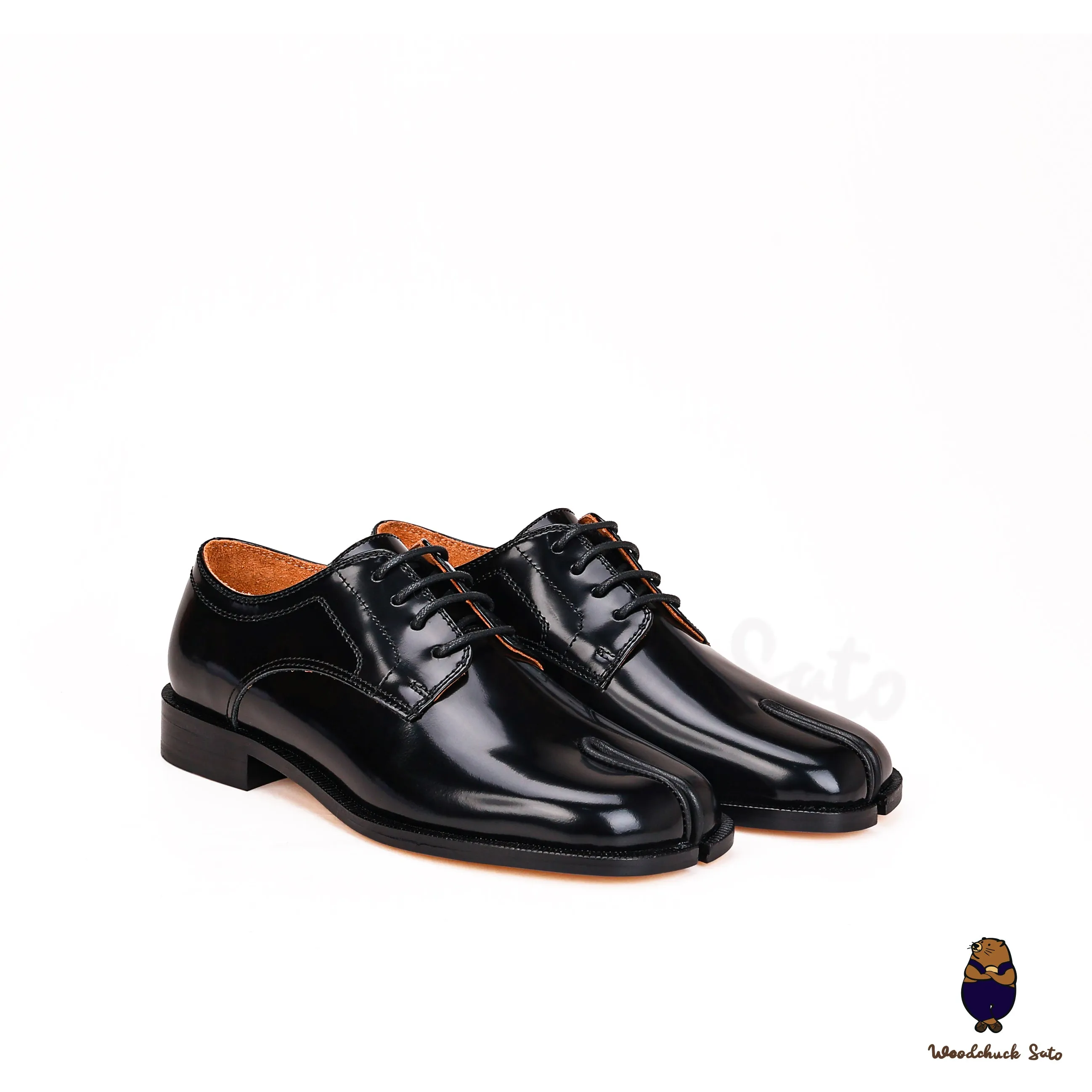 WoodchuckSato Black Edge-Beaded Cowhide Leather Tabi Lace-Up Derby Shoes sold by WoodChuckSato
