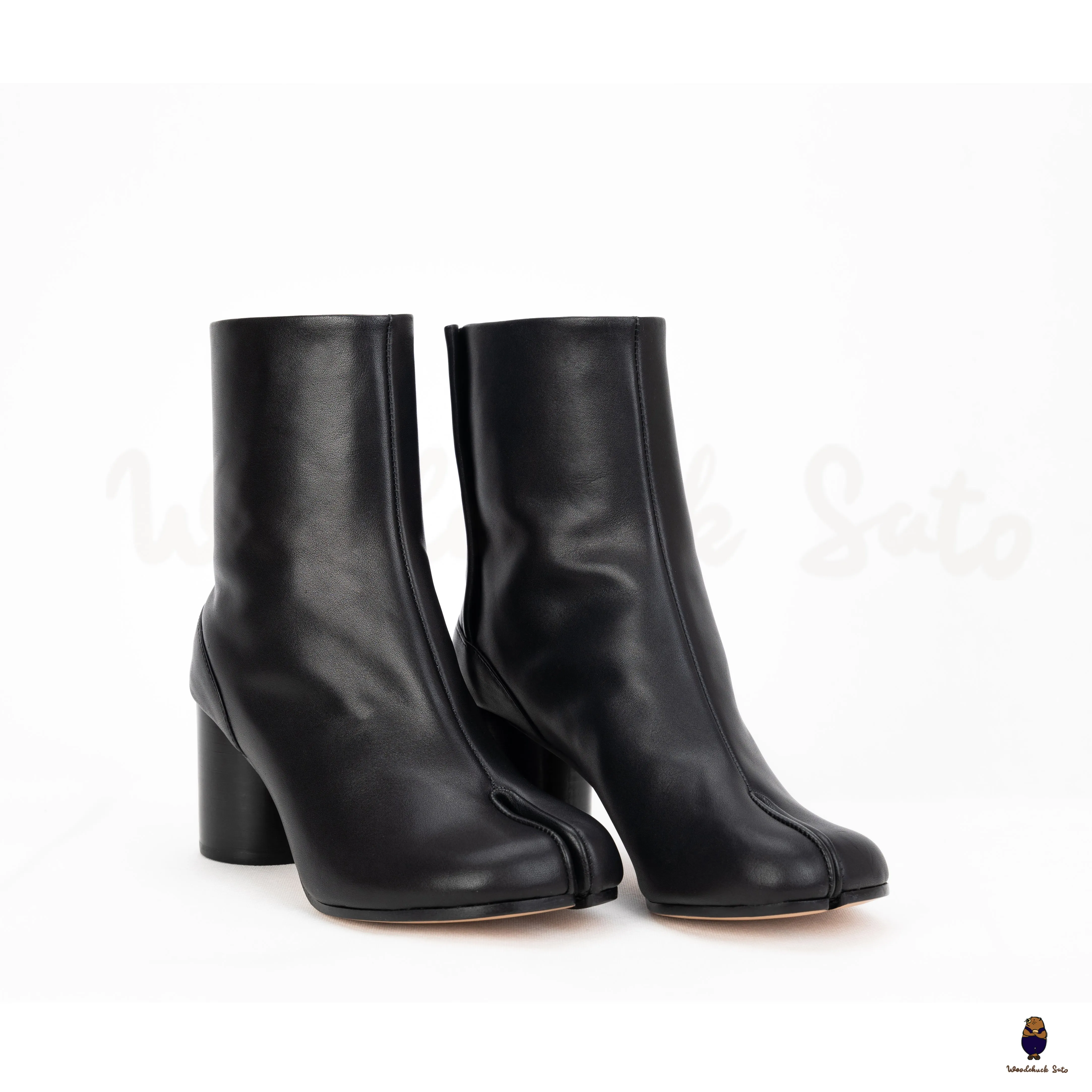 WoodchuckSato Black Cow Leather Tabi Ankle Boots with 8 cm Heel sold by WoodChuckSato