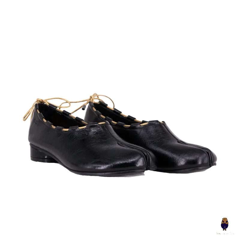 WoodchuckSato Black Leather Tabi Mary Jane Heels with Black Rope Trim sold by WoodChuckSato
