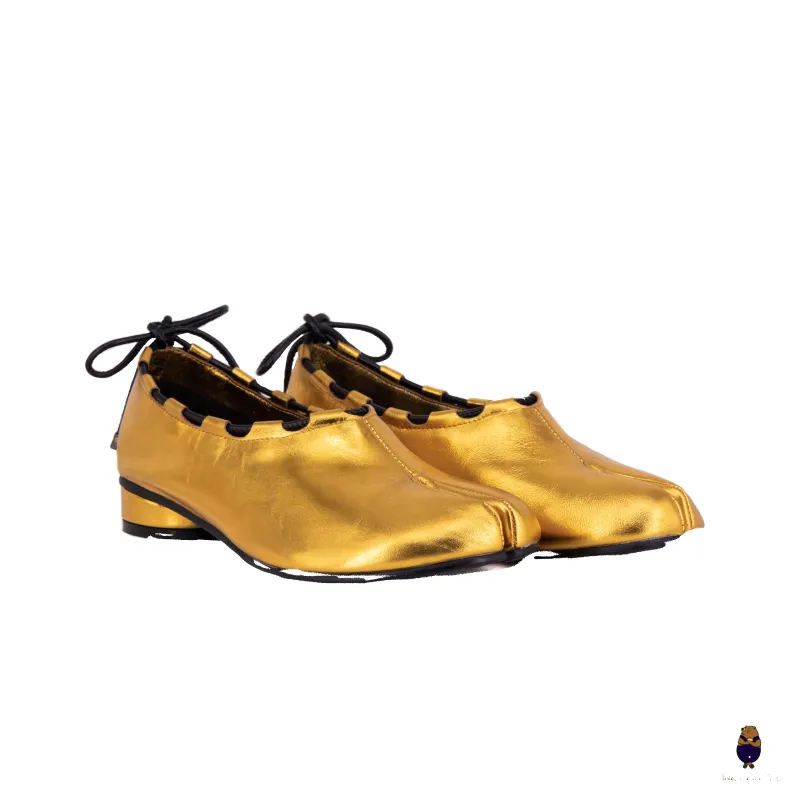 WoodchuckSato Gold Leather Tabi Heeled Flats with Black Rope Trim sold by WoodChuckSato