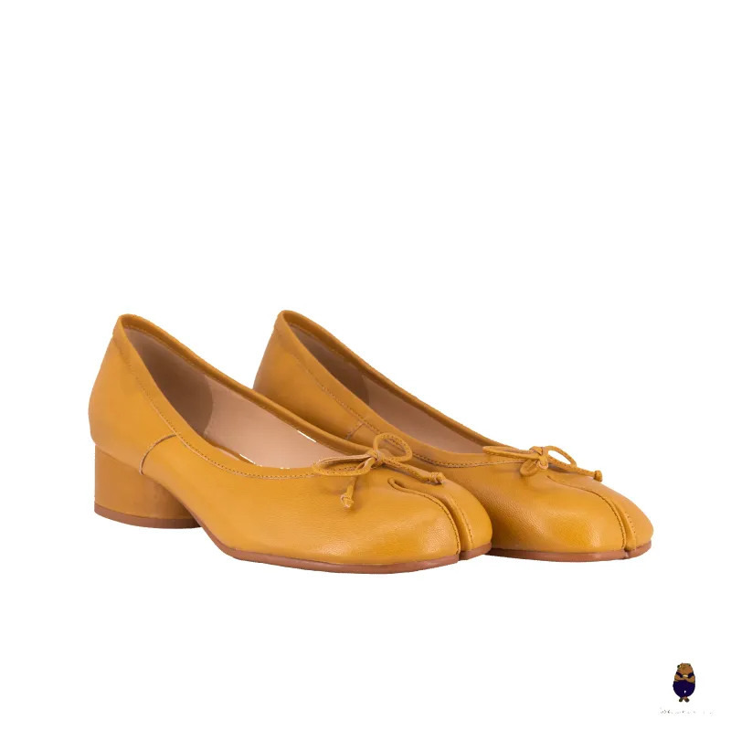 WoodChuckSato Yellow Tabi Split-Toe Sheep Leather Mary Jane Shoes with 3cm Heel & Bow sold by WoodChuckSato