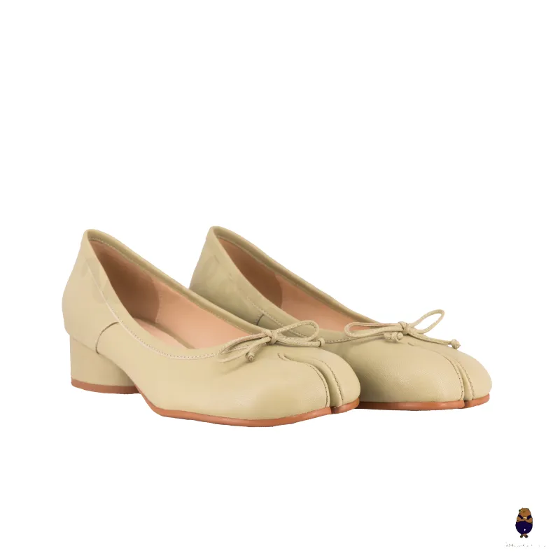 WoodchuckSato Green Sheep Leather Tabi Low Block Heel Pumps with Bow sold by WoodChuckSato