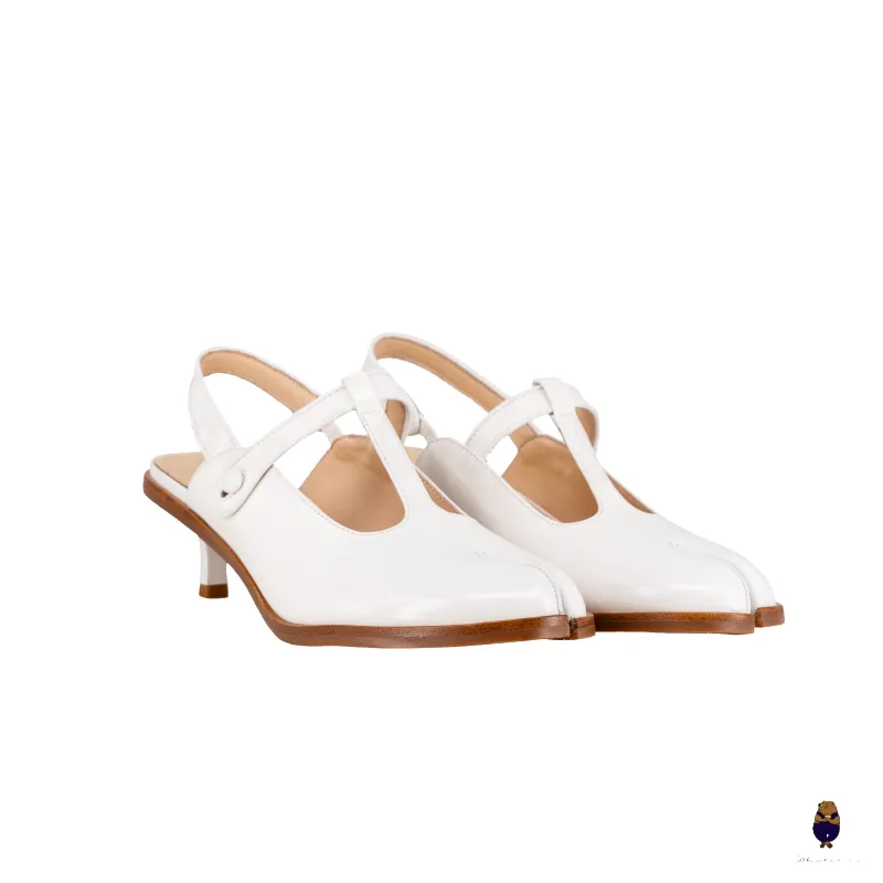WoodchuckSato Tabi Split-Toe Slingback White Mary Jane Heels 5 cm Glossy Leather sold by WoodChuckSato