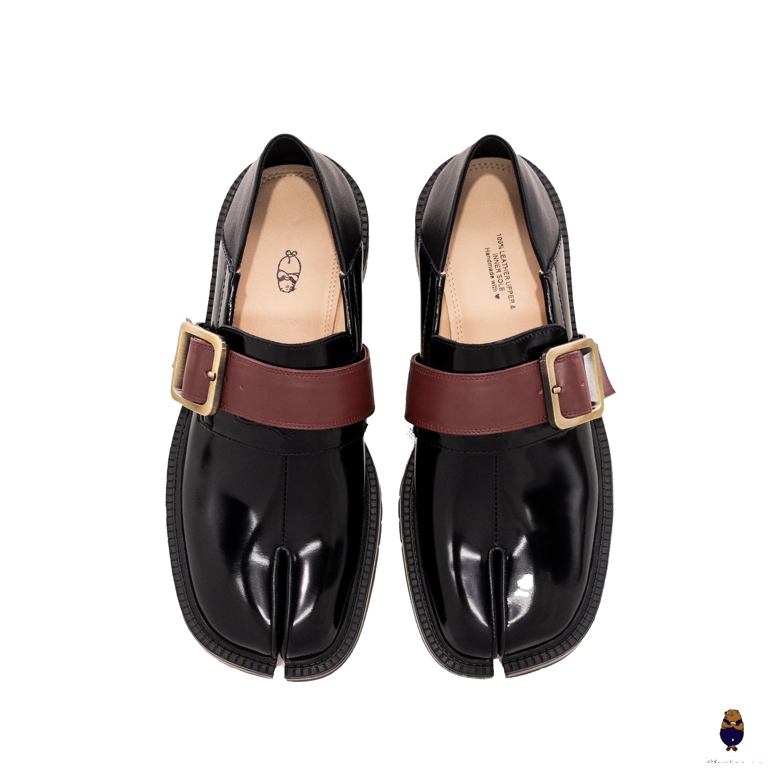 WoodchuckSato Tabi Loafers – Glossy Black Split-Toe Leather with Chunky Sole & Burgundy Buckled Strap sold by WoodChuckSato product image thumbnail 2
