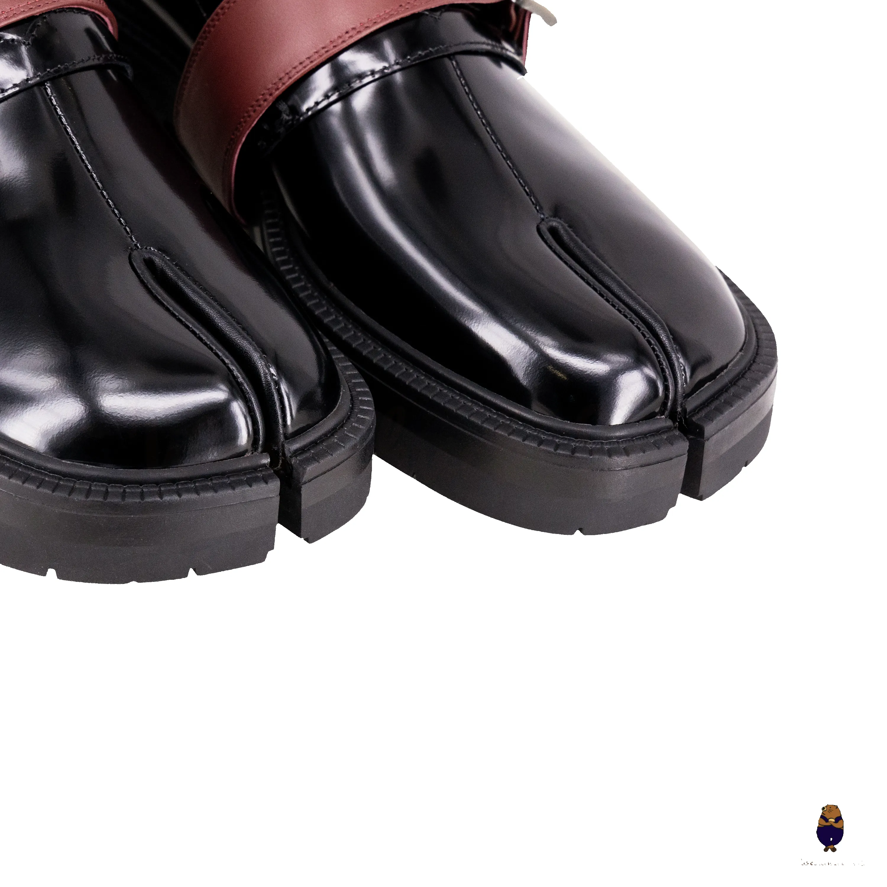 WoodchuckSato Tabi Loafers – Glossy Black Split-Toe Leather with Chunky Sole & Burgundy Buckled Strap sold by WoodChuckSato product image thumbnail 5