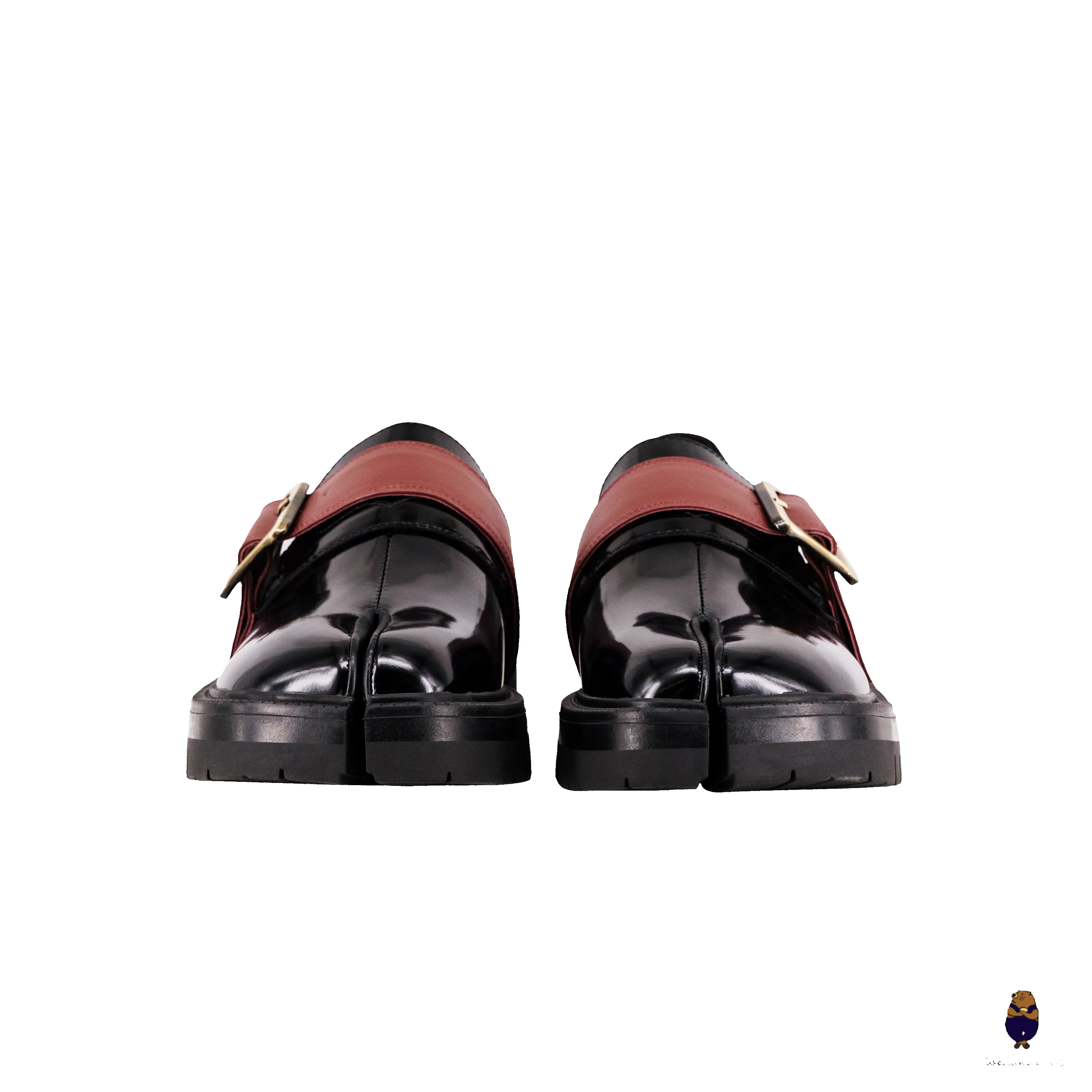 WoodchuckSato Tabi Loafers – Glossy Black Split-Toe Leather with Chunky Sole & Burgundy Buckled Strap sold by WoodChuckSato product image thumbnail 3