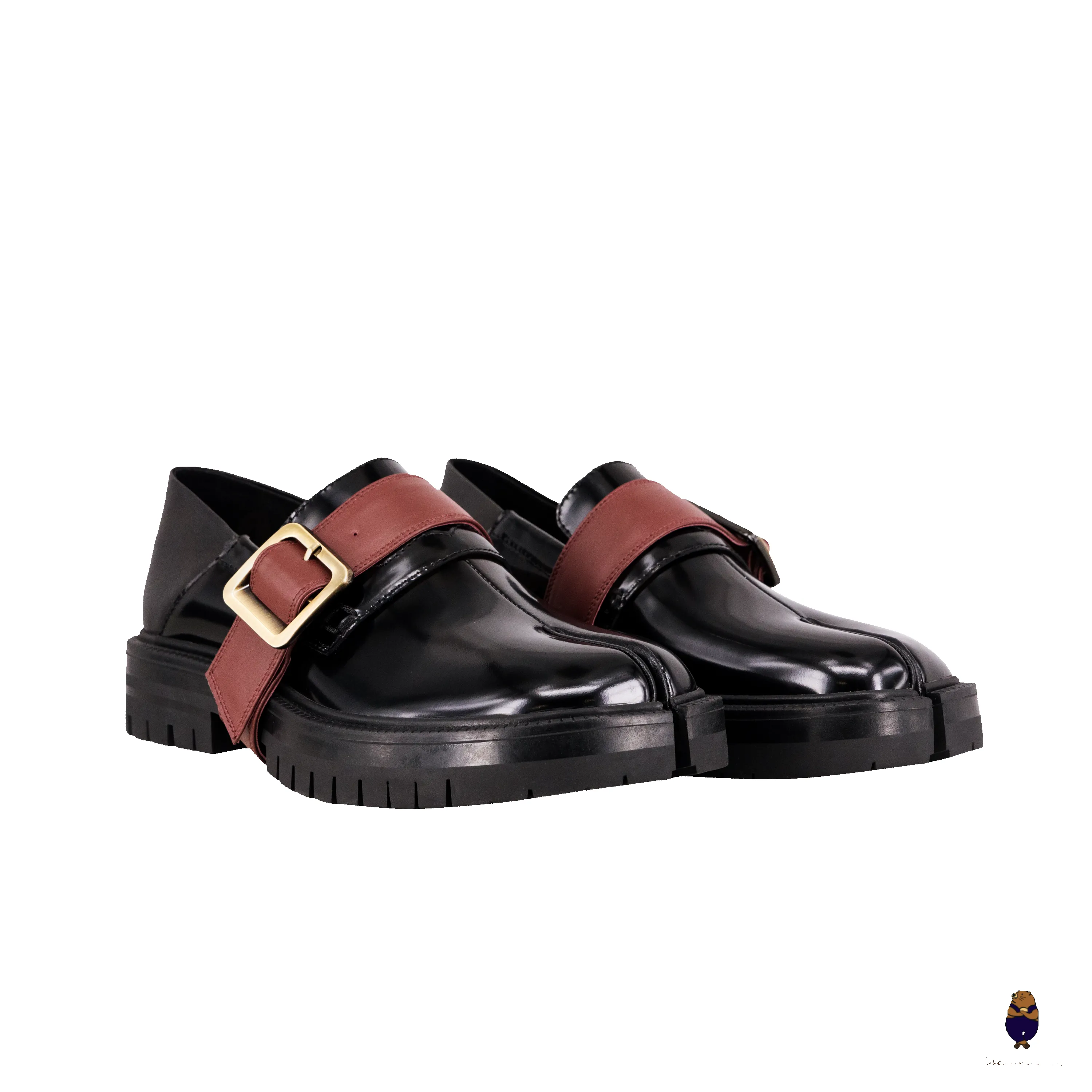 WoodchuckSato Tabi Loafers – Glossy Black Split-Toe Leather with Chunky Sole & Burgundy Buckled Strap sold by WoodChuckSato