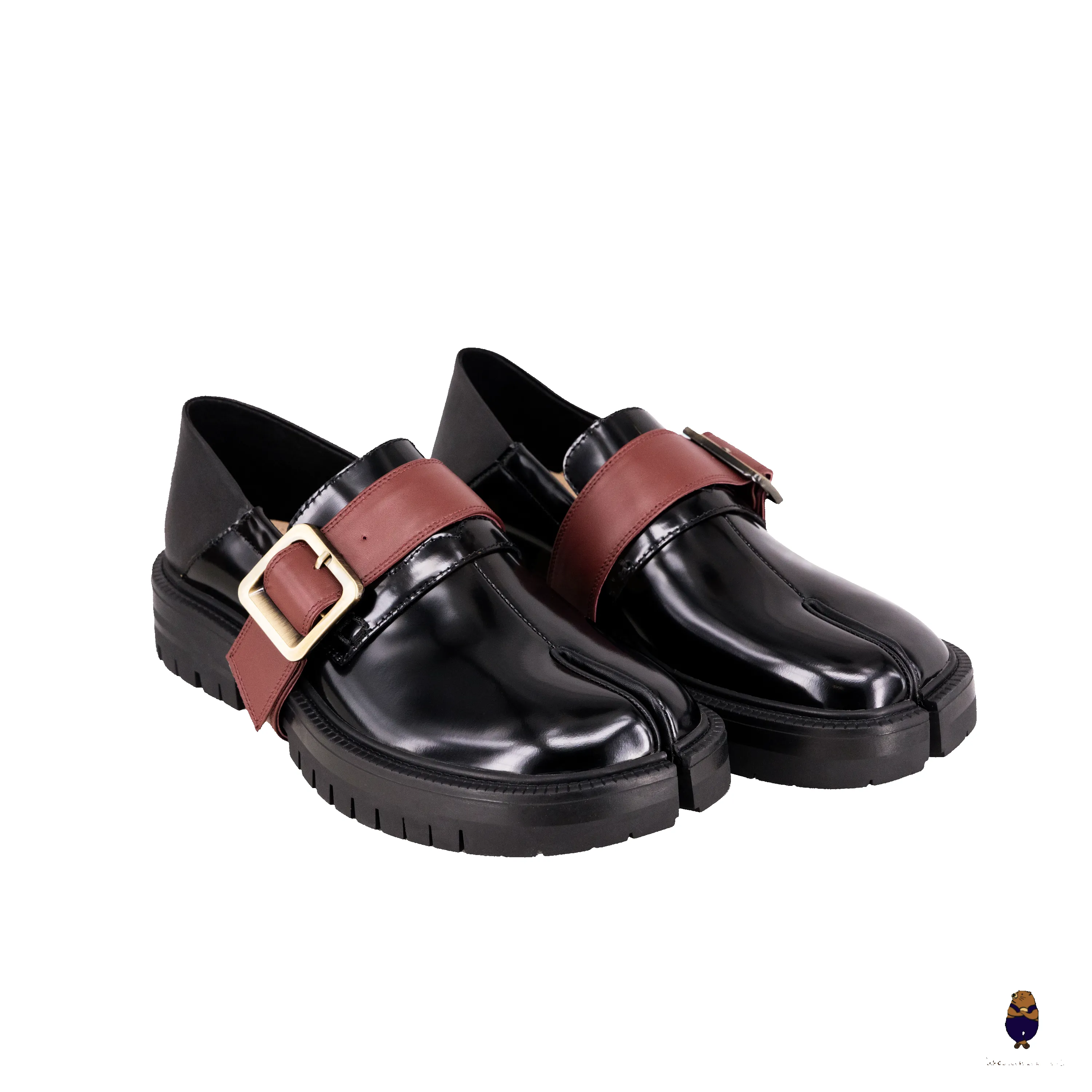 WoodchuckSato Tabi Loafers – Glossy Black Split-Toe Leather with Chunky Sole & Burgundy Buckled Strap sold by WoodChuckSato product image thumbnail 4