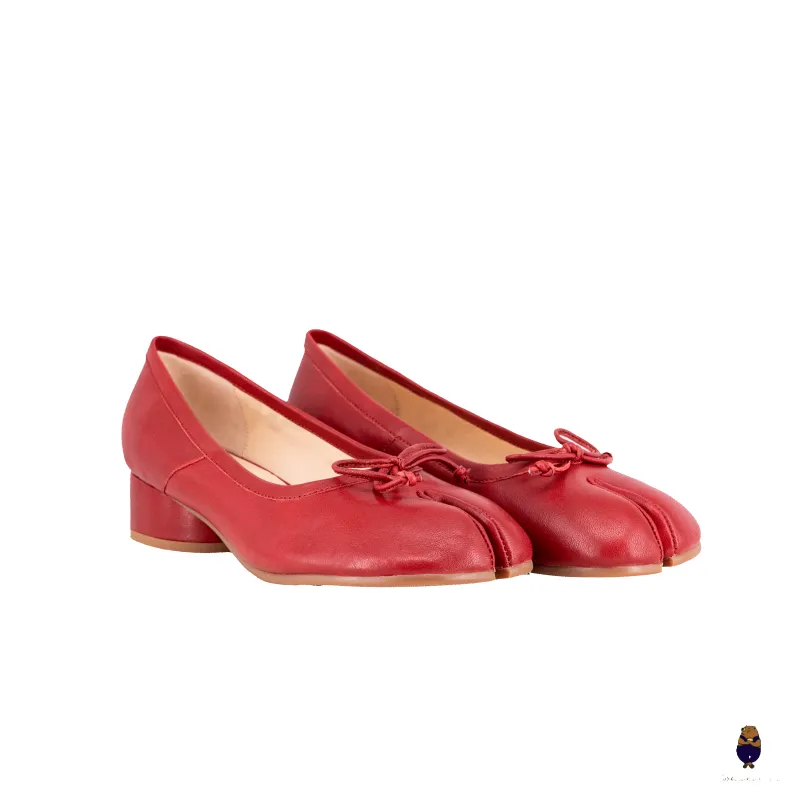 WoodchuckSato Red Sheep Leather Tabi Low Block Heel Pumps with Bow sold by WoodChuckSato