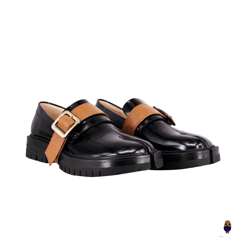 WoodchuckSato Black Edge-Beaded Cowhide Leather Tabi Loafers with Removable Camel Brown Strap & Chunky Sole sold by WoodChuckSato