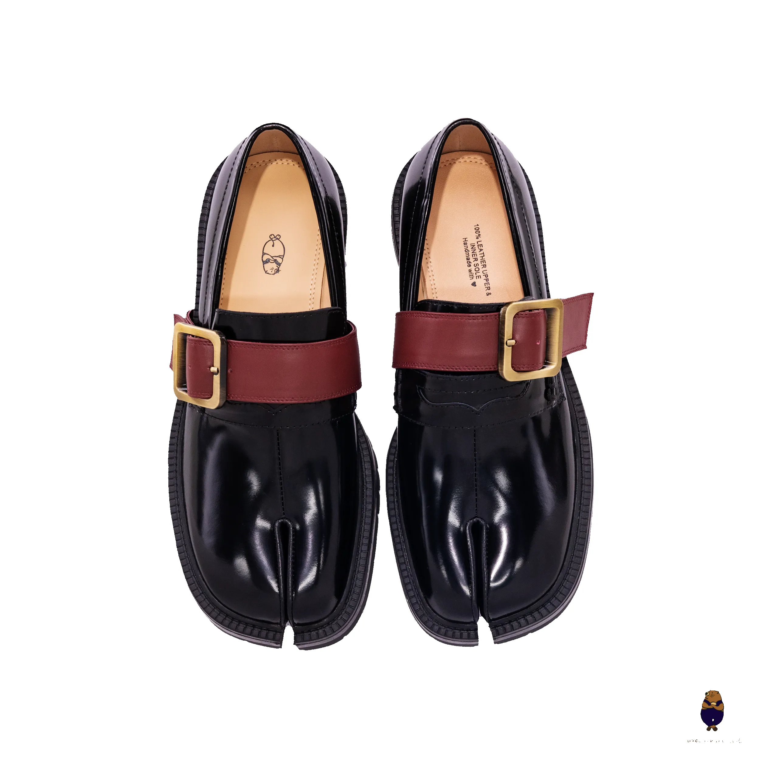WoodchuckSato Black Edge-Beaded Cowhide Leather Tabi Loafers with Removable Red Strap & Chunky Sole sold by WoodChuckSato product image thumbnail 5
