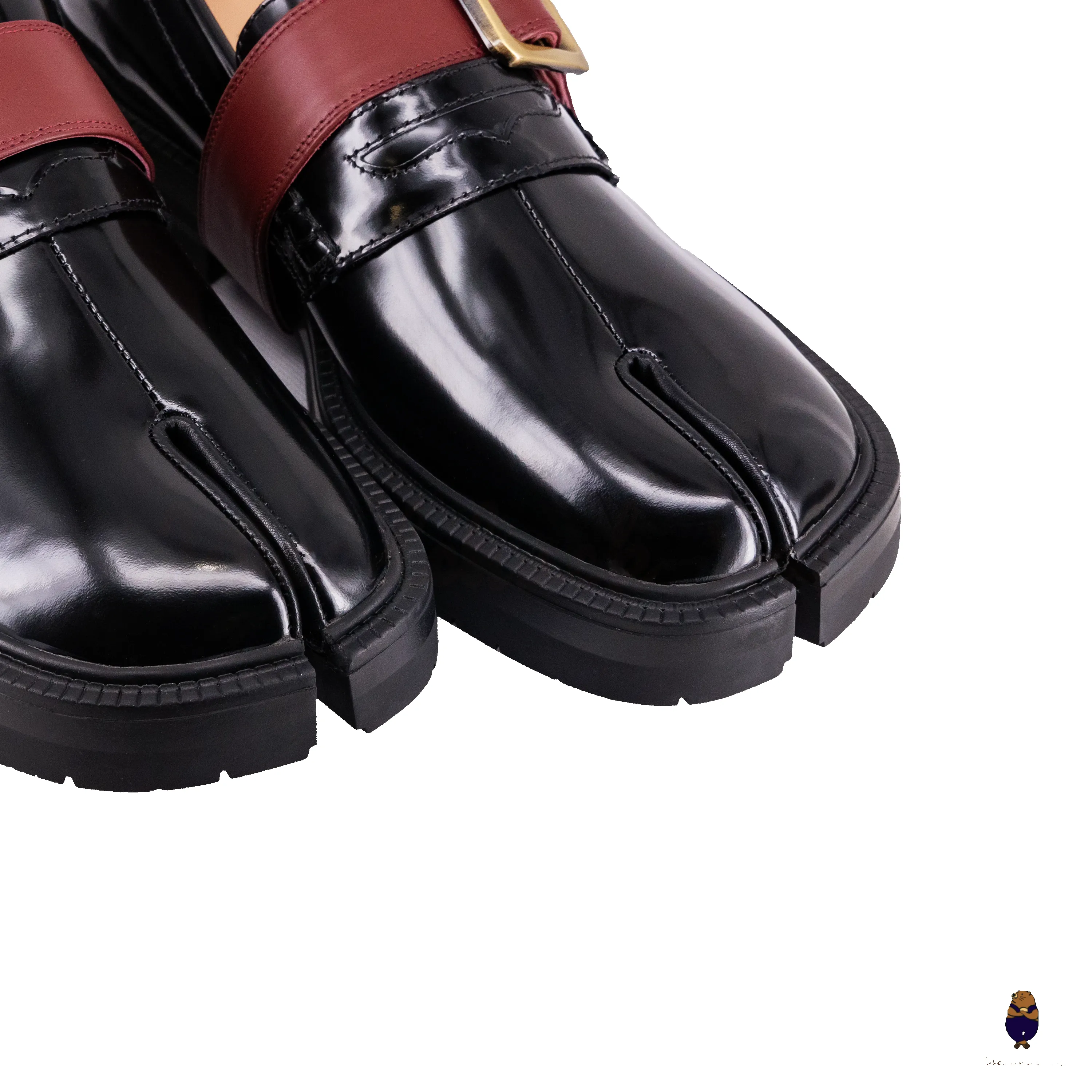 WoodchuckSato Black Edge-Beaded Cowhide Leather Tabi Loafers with Removable Red Strap & Chunky Sole sold by WoodChuckSato product image thumbnail 4