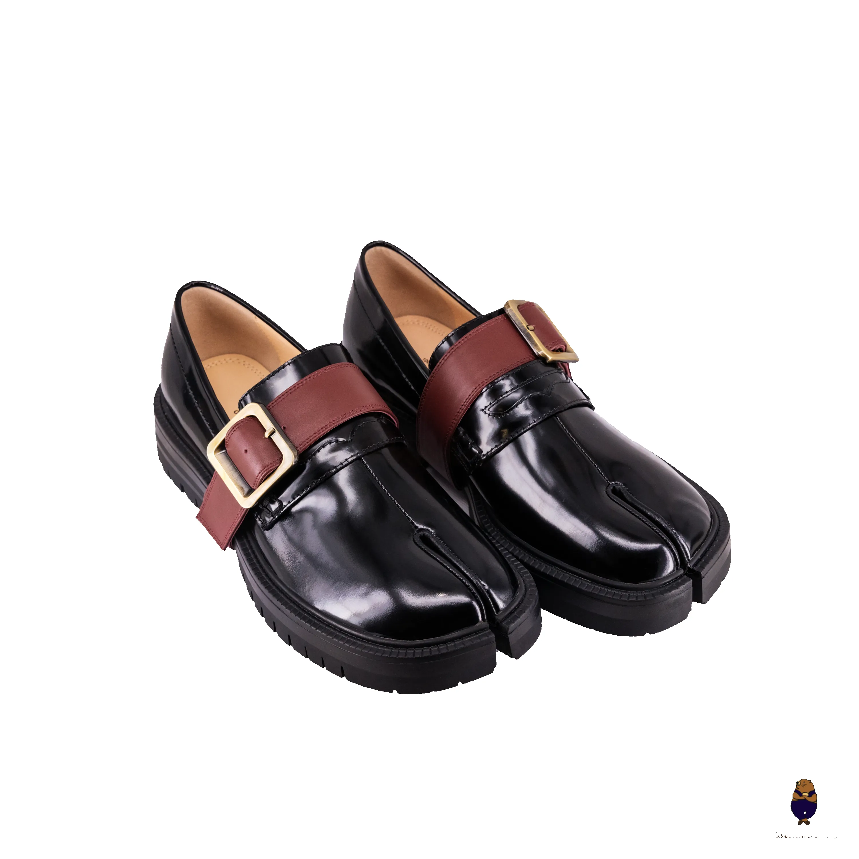 WoodchuckSato Black Edge-Beaded Cowhide Leather Tabi Loafers with Removable Red Strap & Chunky Sole sold by WoodChuckSato product image thumbnail 3