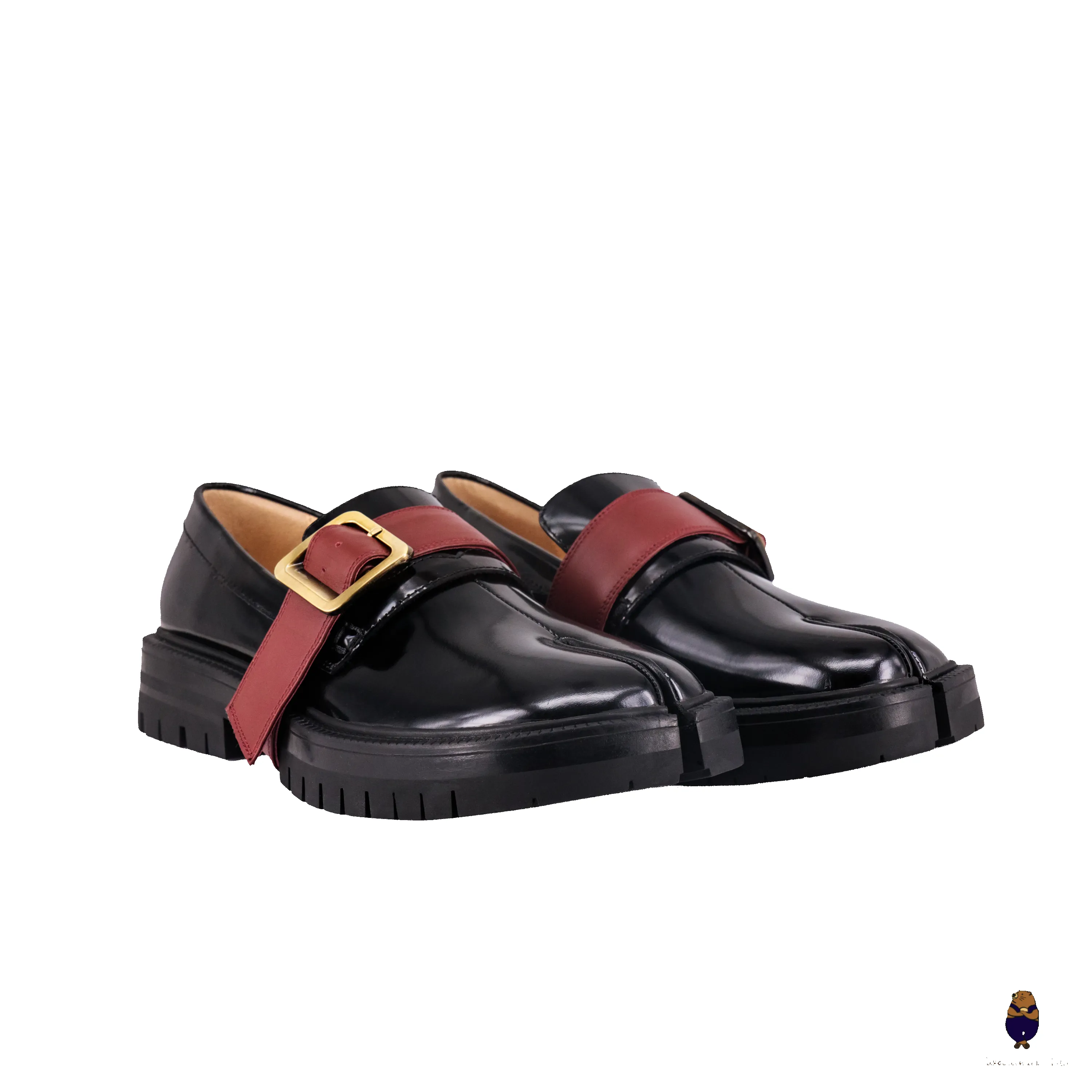 WoodchuckSato Black Edge-Beaded Cowhide Leather Tabi Loafers with Removable Red Strap & Chunky Sole sold by WoodChuckSato