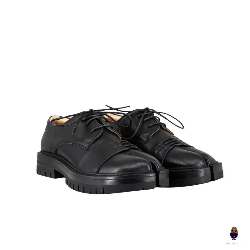 WoodchuckSato Unisex Black Leather Tabi Lace-Up Derby Shoes with Chunky Rubber Sole sold by WoodChuckSato