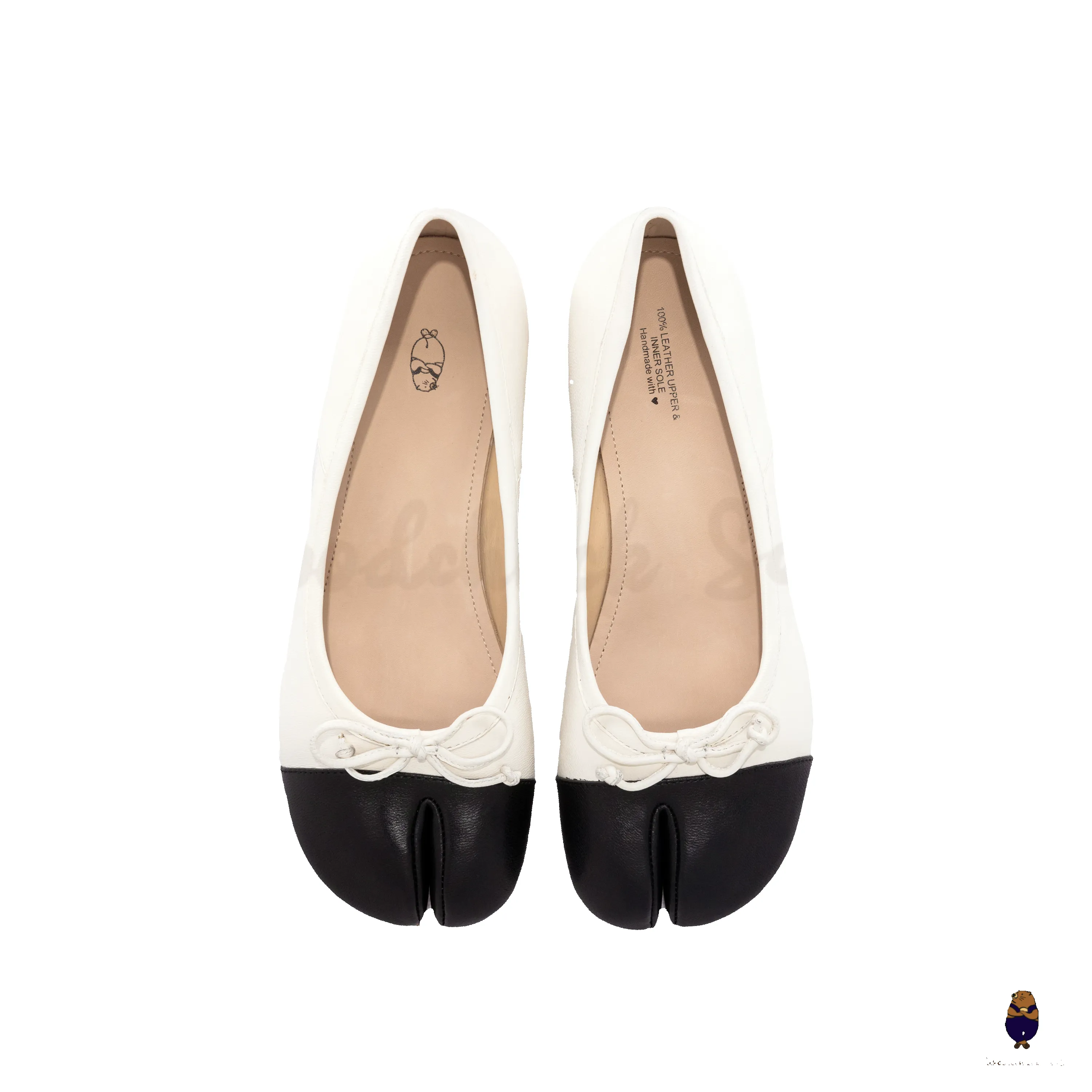 WoodChuckSato Two-Tone Tabi Ballet Heels White and Black Sheep Leather 3cm Heel with Bow sold by WoodChuckSato product image thumbnail 3