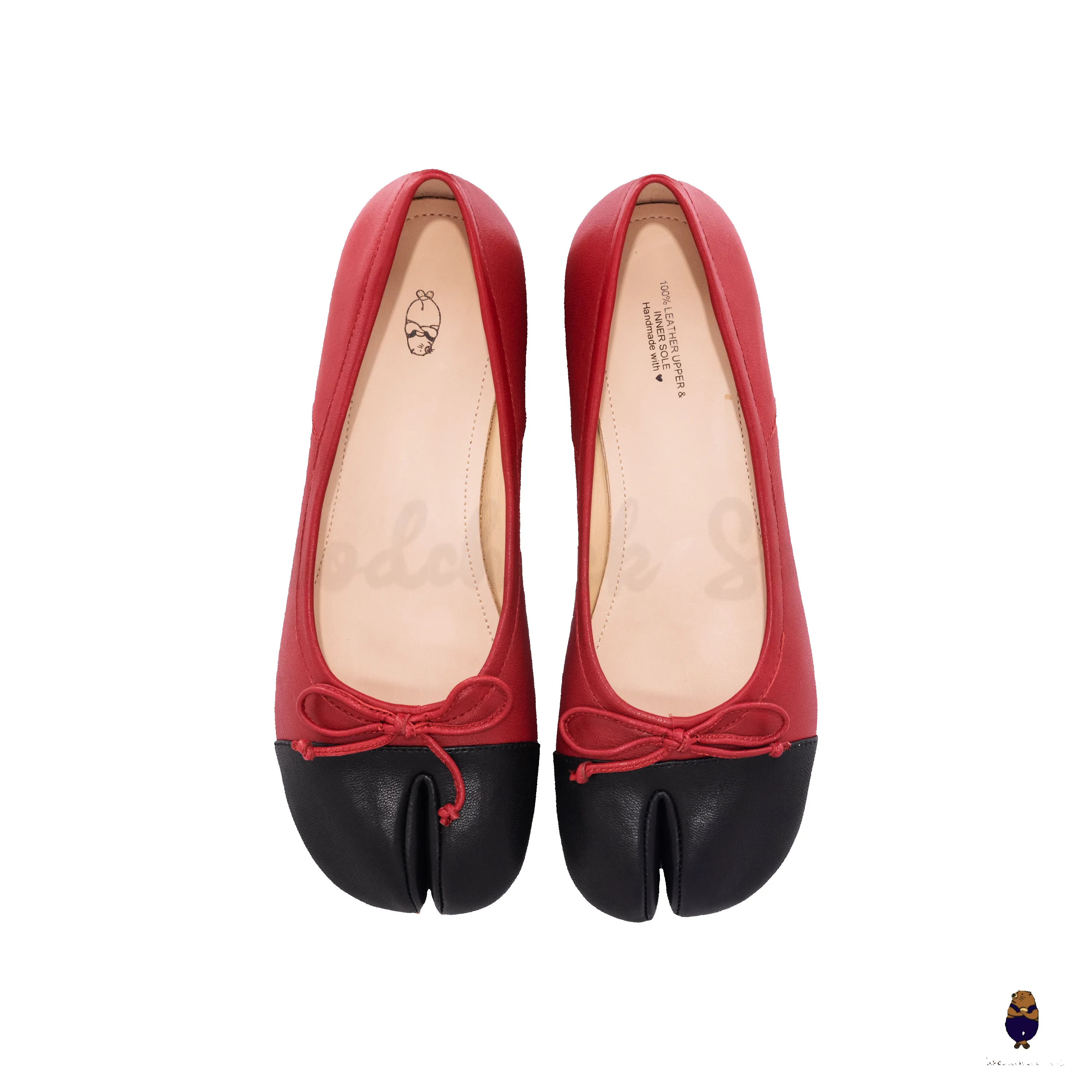 WoodChuckSato Two-Tone Tabi Ballet Heels Red and Black Sheep Leather 3cm Heel with Bow sold by WoodChuckSato product image thumbnail 3