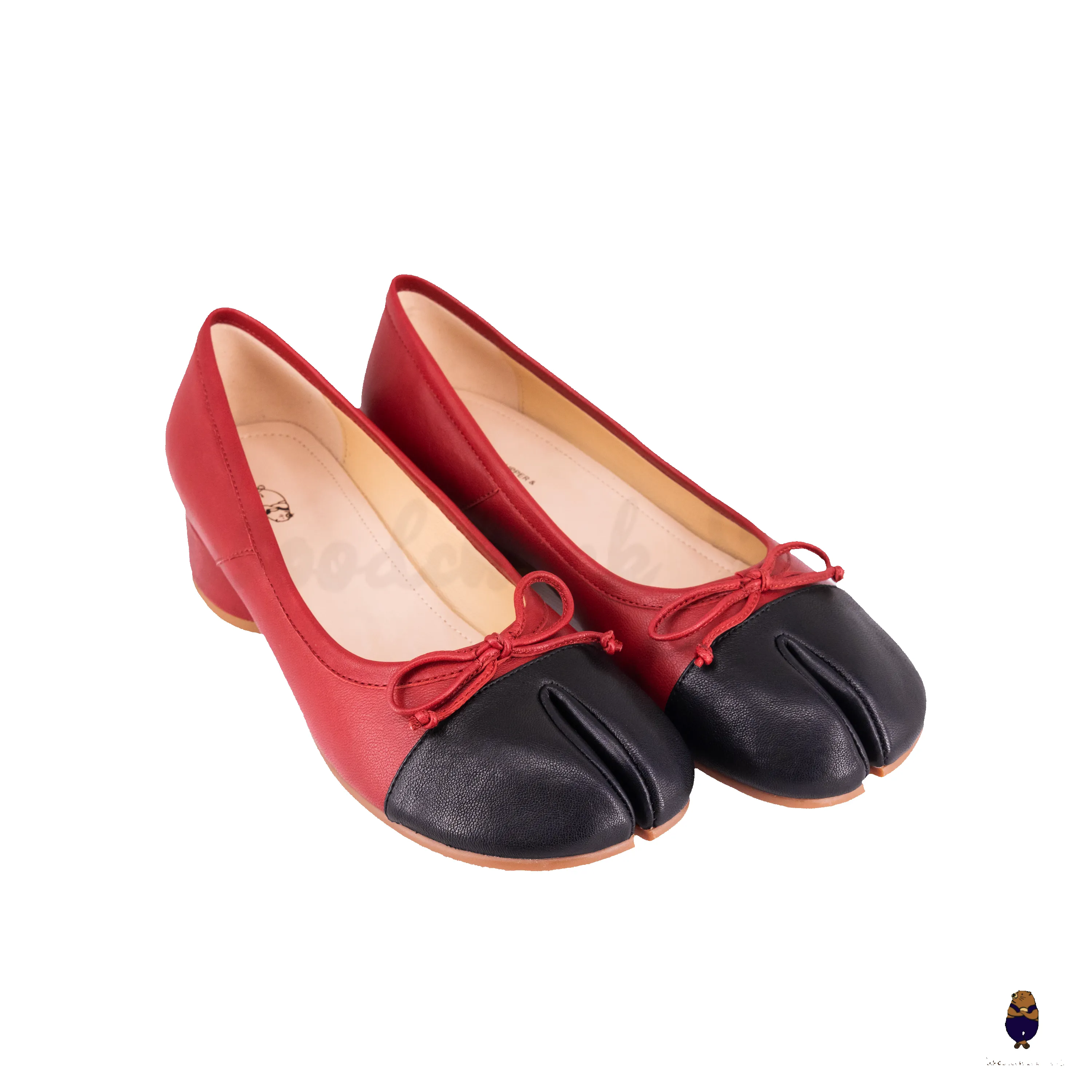 WoodChuckSato Two-Tone Tabi Ballet Heels Red and Black Sheep Leather 3cm Heel with Bow sold by WoodChuckSato product image thumbnail 4