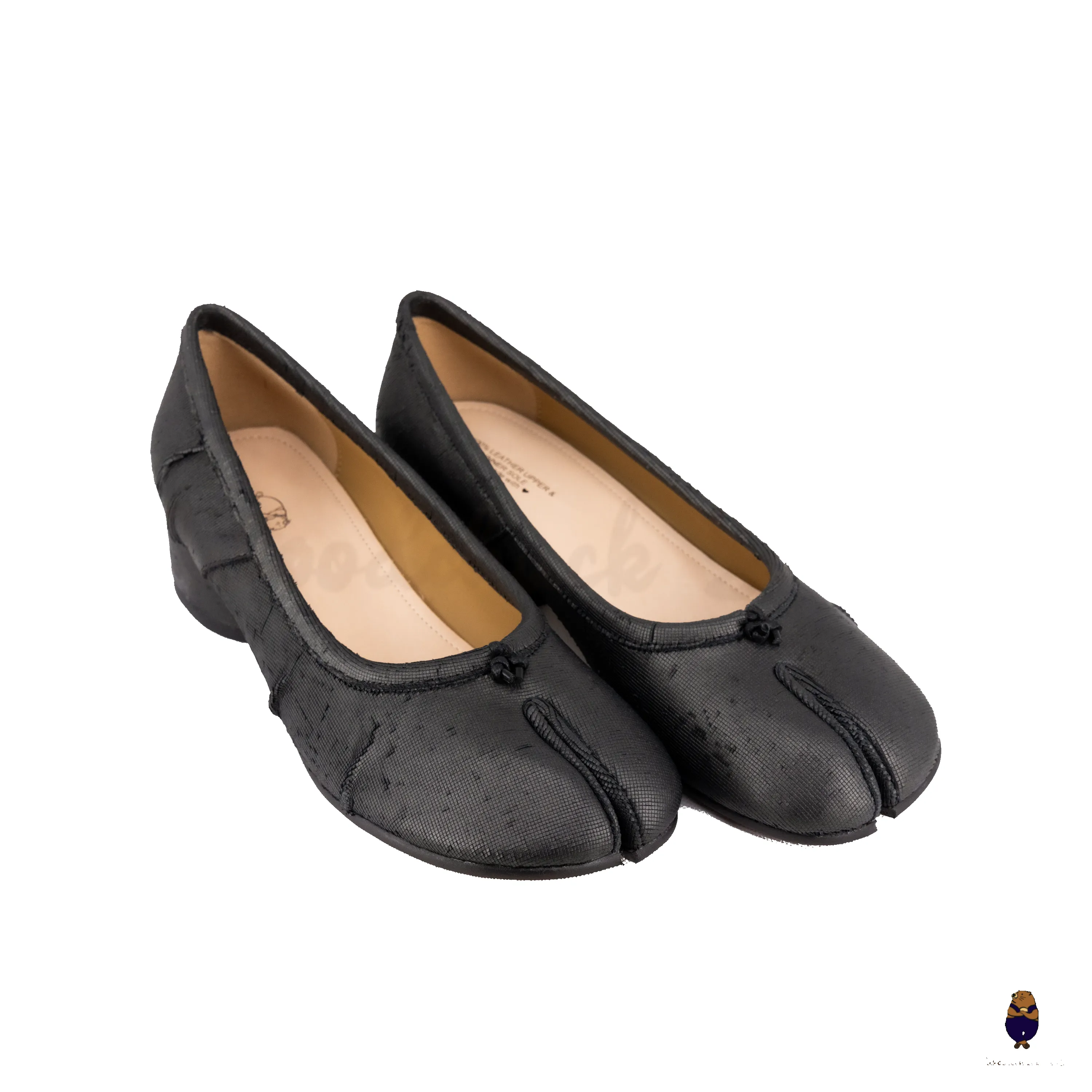 WoodChuckSato Black Tabi Split-Toe Knife-Cut Cowhide Mary Jane Shoes with 3cm Heel & Ruched sold by WoodChuckSato product image thumbnail 5