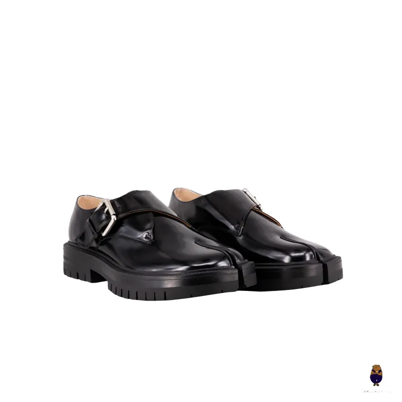 WoodChuckSato Black Cow Leather Split-Toe Tabi Shoes with Buckle Strap & Chunky Rubber Sole sold by WoodChuckSato
