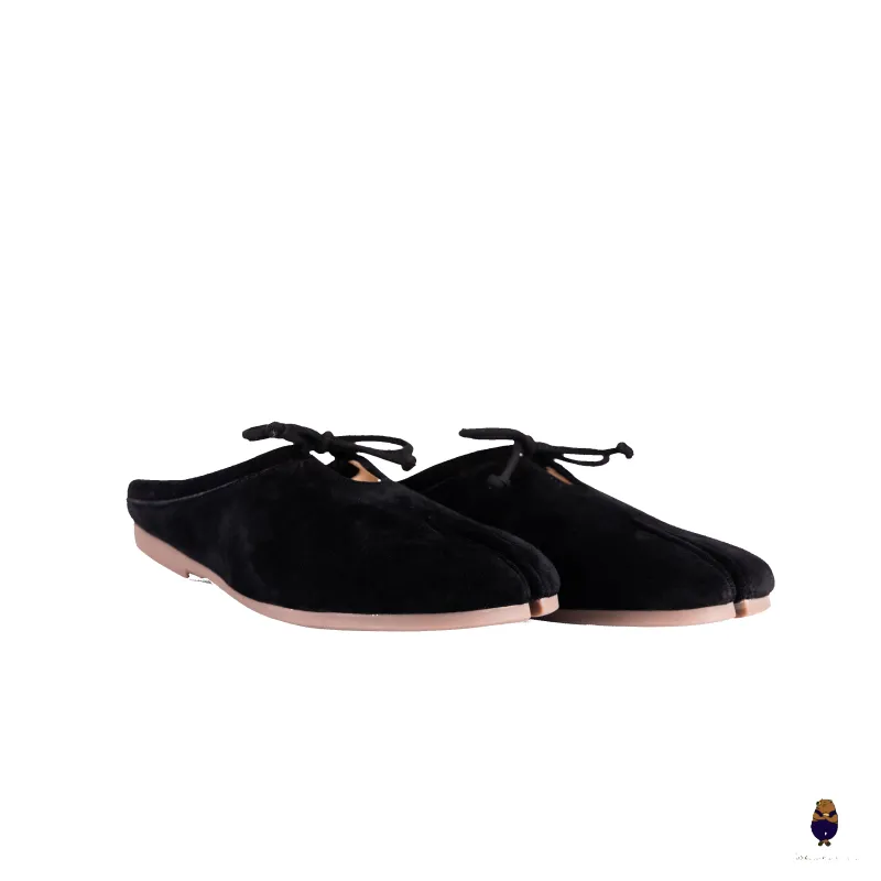 Woodchuck Sato Black Suede Tabi Mules Split-Toe Flats with Bow sold by WoodChuckSato