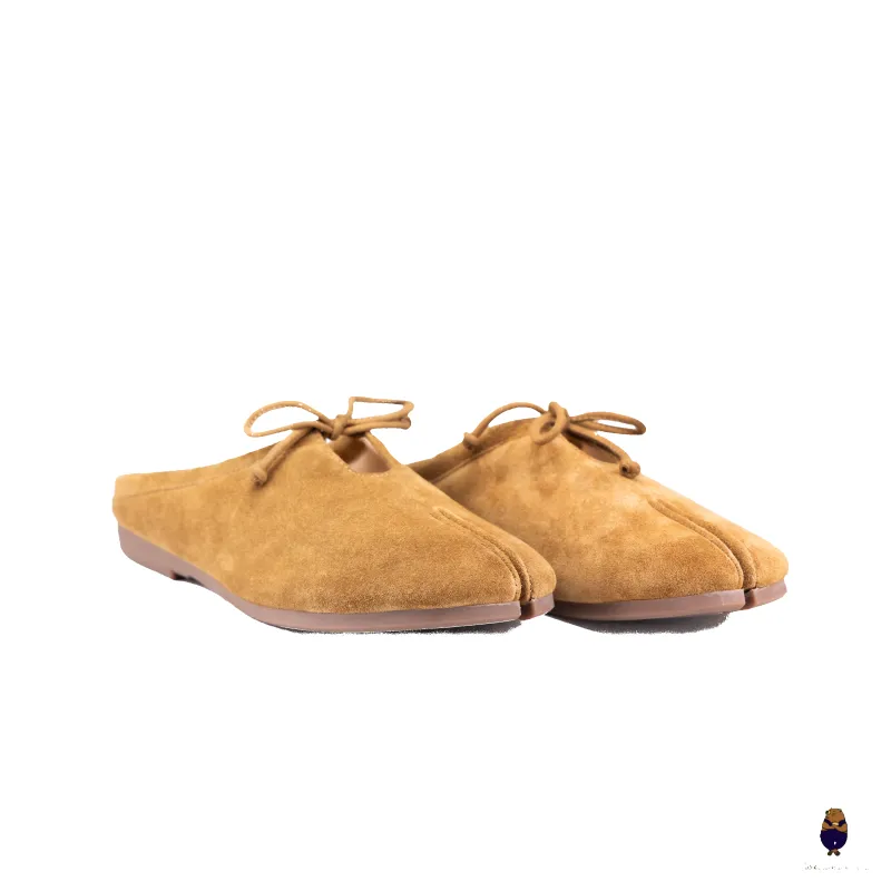 Woodchuck Sato Chestnut Brown Suede Tabi Mules Split-Toe Flats with Bow sold by WoodChuckSato