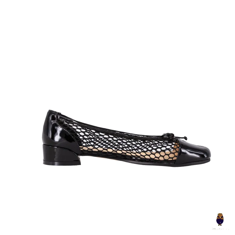 WoodchuckSato Black Patent Cow Leather and Nylon Mesh Tabi Flats with Bow sold by WoodChuckSato