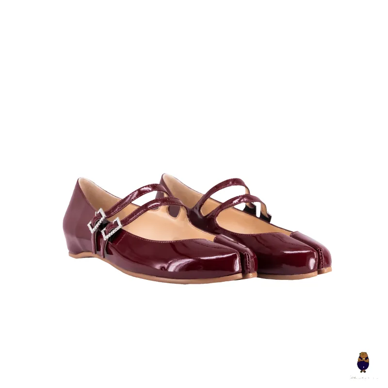 WoodchuckSato Burgundy Patent Cow Leather Tabi Mary Jane Flats with Double Strap and Crystal Buckle sold by WoodChuckSato