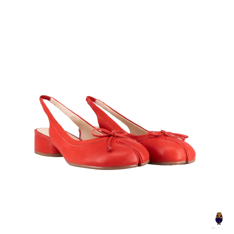 WoodchuckSato Red Sheep Leather Slingback Tabi Bow Pumps with Elastic Band sold by WoodChuckSato