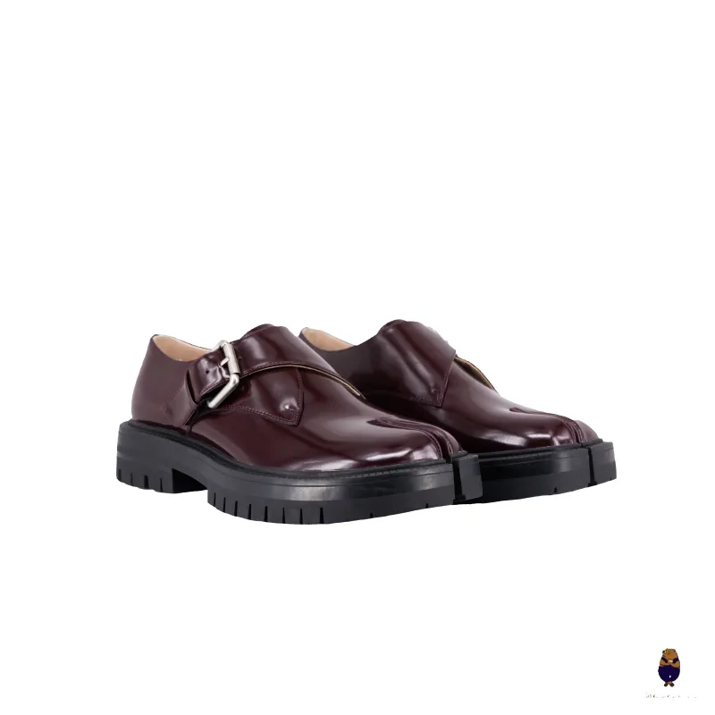 WoodchuckSato Burgundy Edge-Beaded Cowhide Tabi Monk Strap Loafers sold by WoodChuckSato