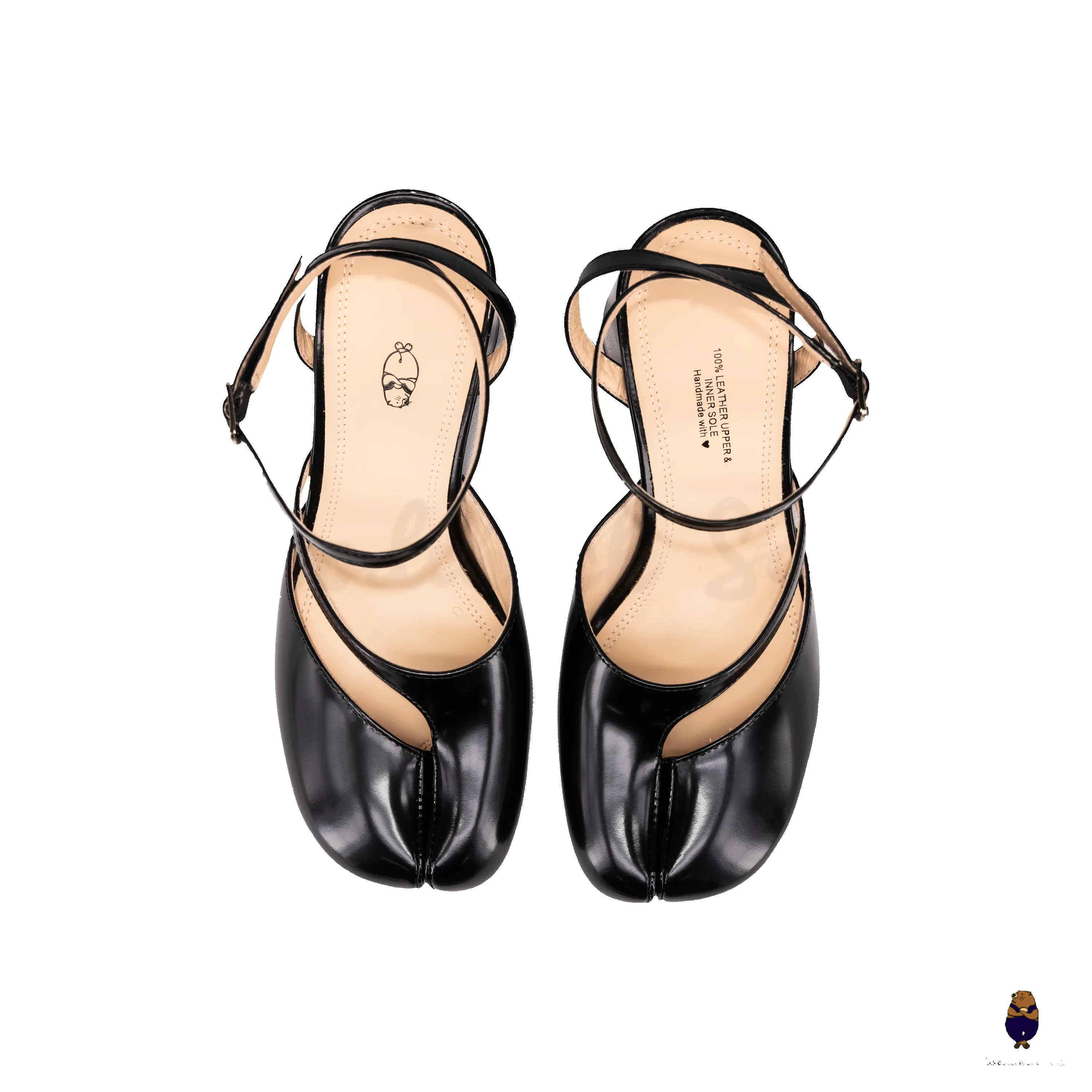 WoodchuckSato Black Edge-beaded Cowhide Leather Tabi Ankle Strap 8 cm Heels sold by WoodChuckSato product image thumbnail 5