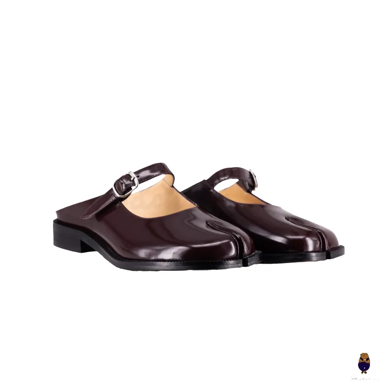 WoodchuckSato Burgundy Edge-Beaded Cowhide Leather Tabi Mary Jane Mules sold by WoodChuckSato