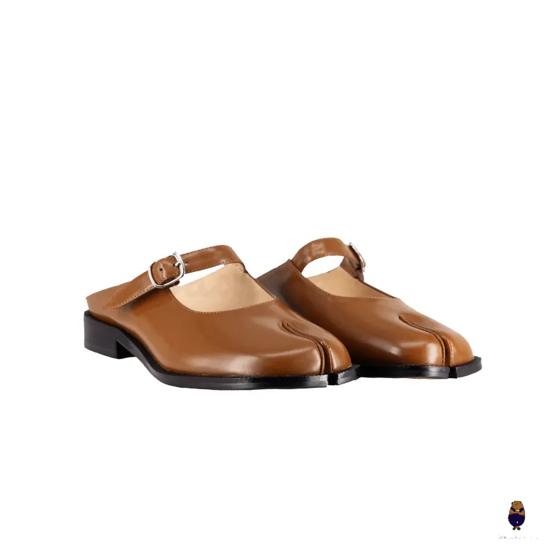 WoodchuckSato Brown Edge-Beaded Cowhide Leather Tabi Mary Jane Mules sold by WoodChuckSato