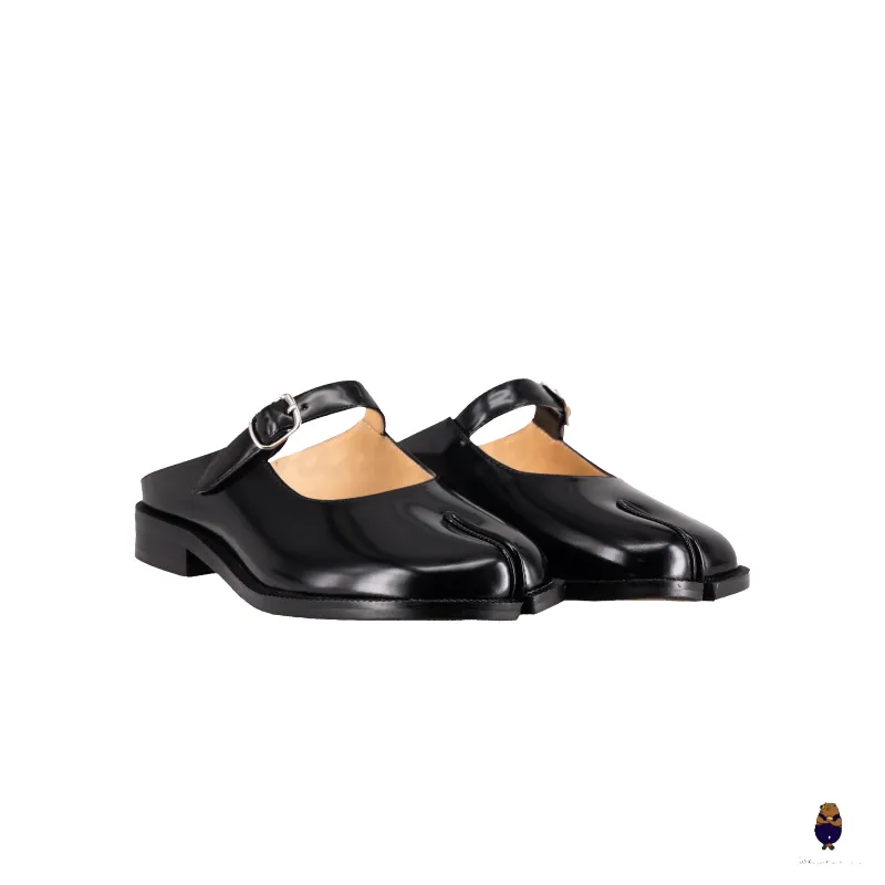 WoodchuckSato Black Edge-Beaded Cow Leather Tabi Mary Jane Mules sold by WoodChuckSato