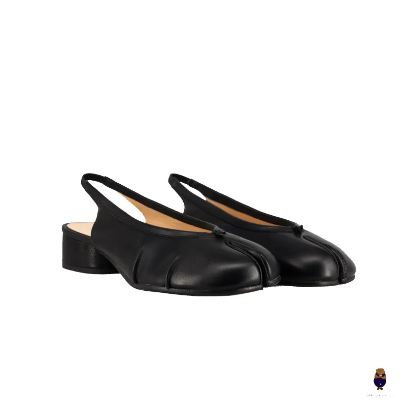 WoodchuckSato Black Leather Tabi Slingback 3 cm Heels with Side Ruched sold by WoodChuckSato