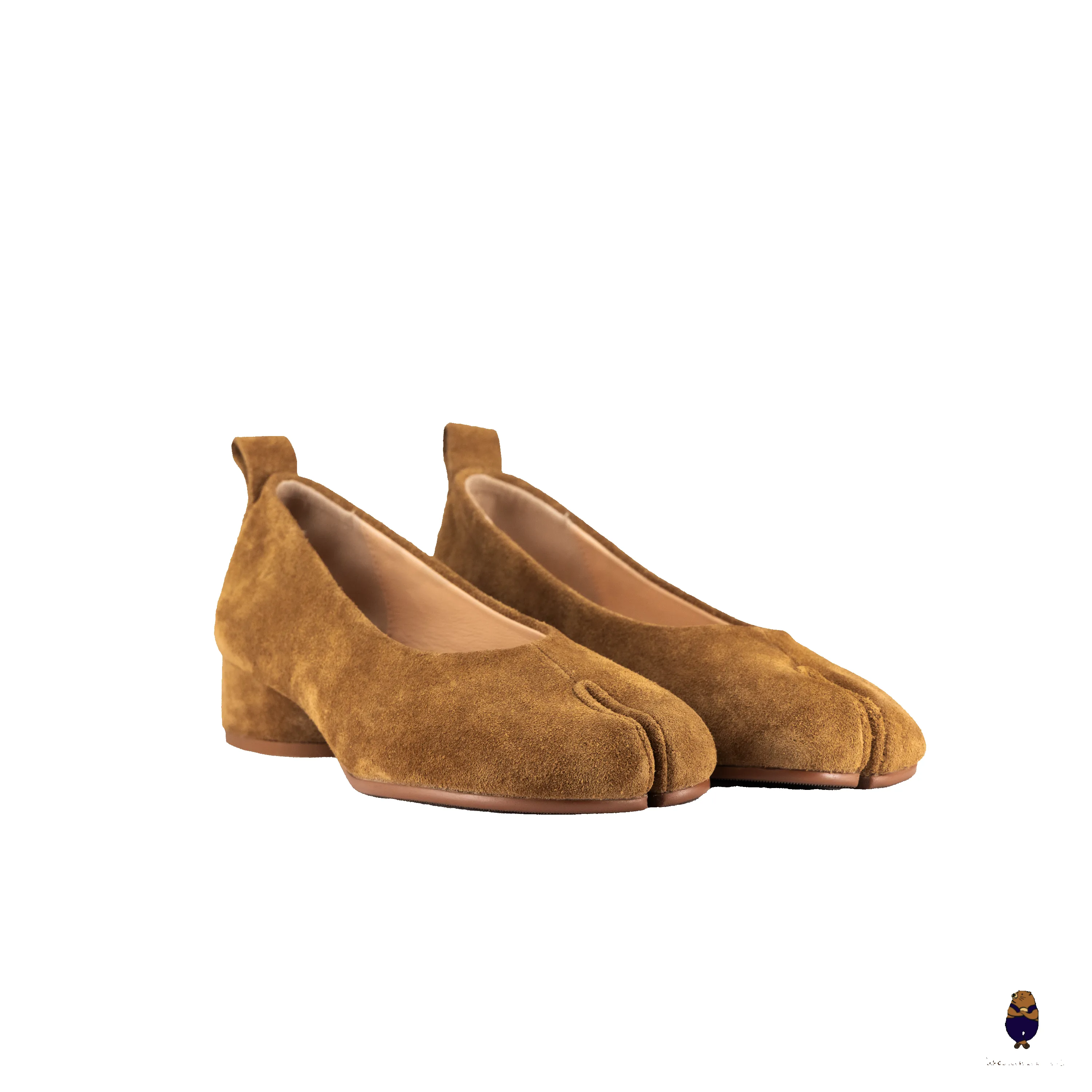 WoodchuckSato Brown Suede Cowhide Tabi Low Heel Pumps sold by WoodChuckSato